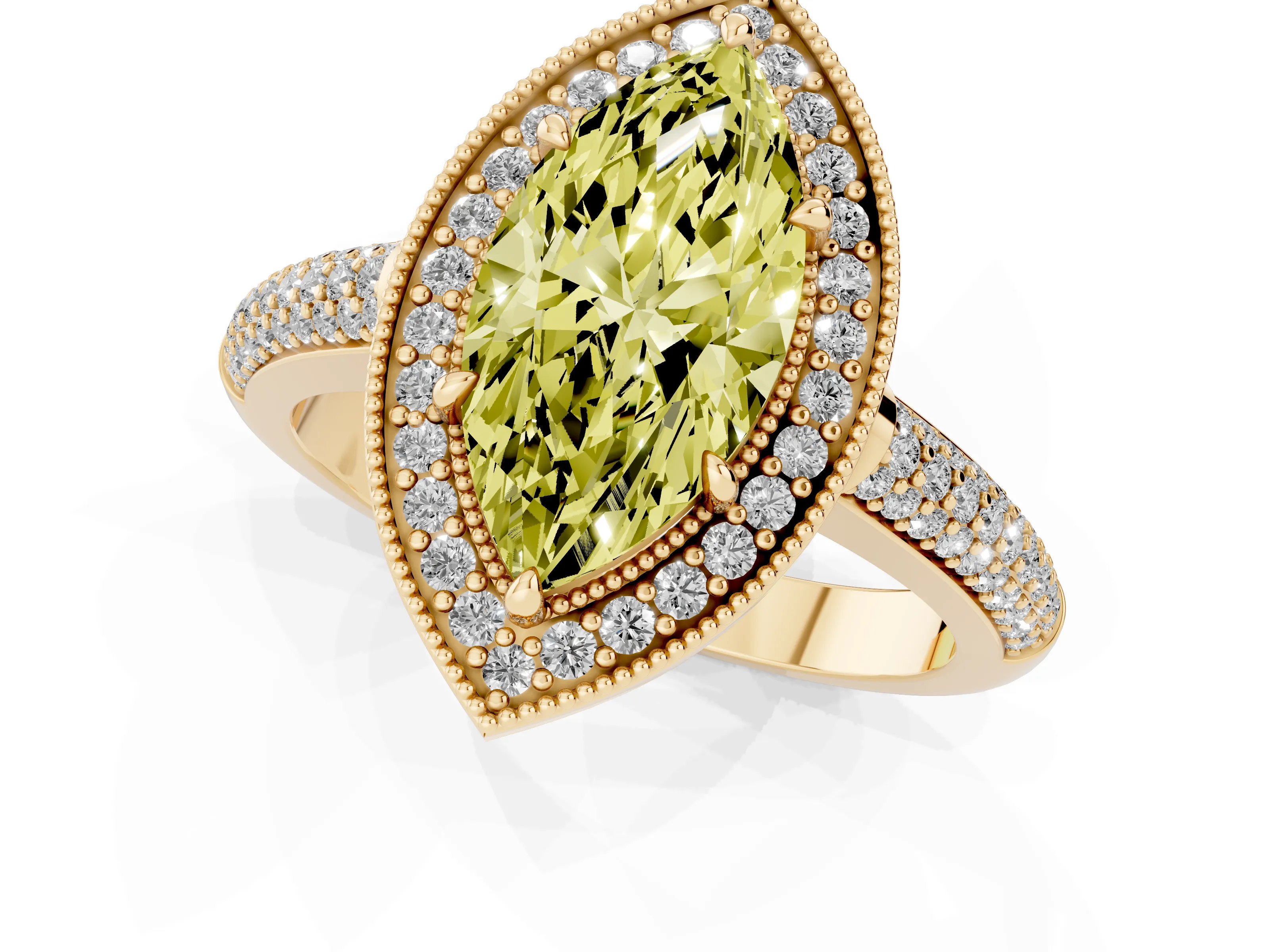 Fancy Yellow Marquise Cut Diamond Halo Pavé Band Set in Yellow gold with Prong Setting