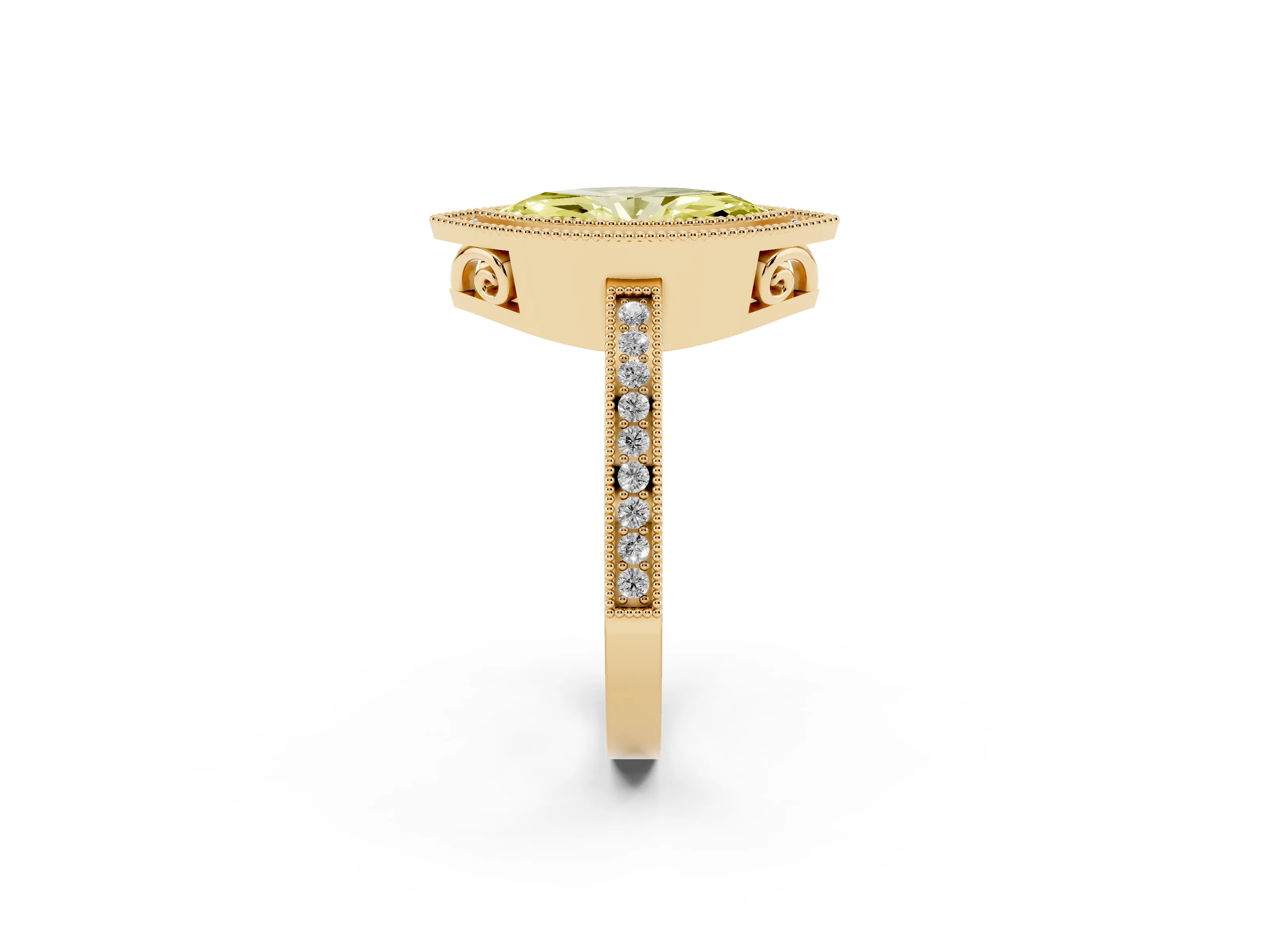 Fancy Yellow Marquise Cut Diamond Halo Ring Set in Yellow gold with Pavé Band and Milgrain-Edged Prongs