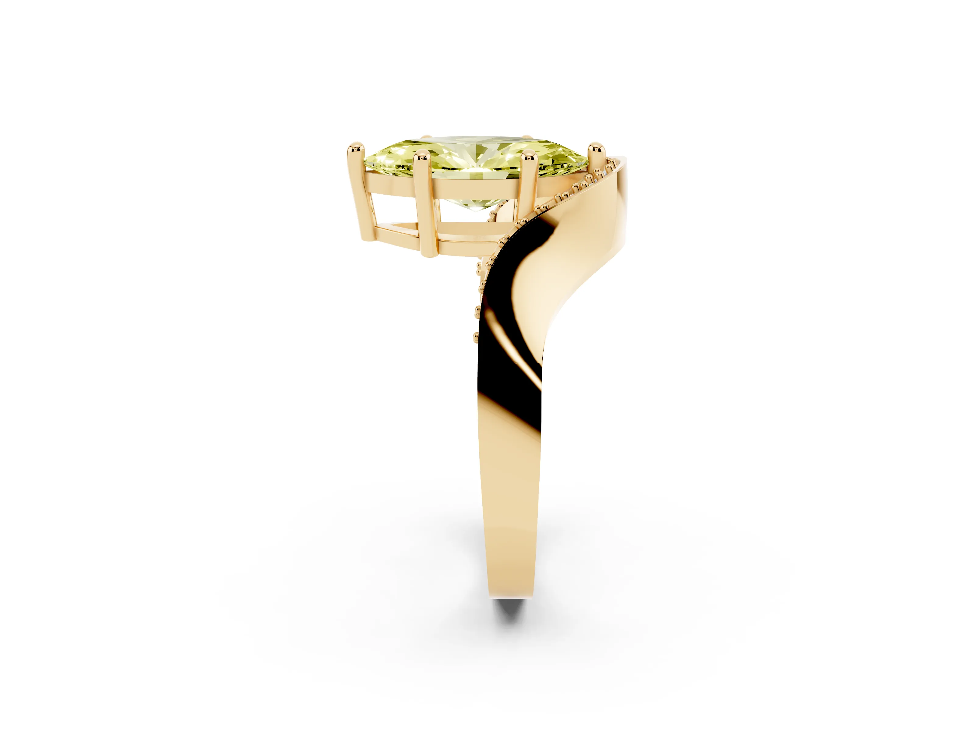 Fancy Yellow Marquise Cut Diamond Solitaire Engagement Ring Set in Yellow gold with Pavé Shoulders