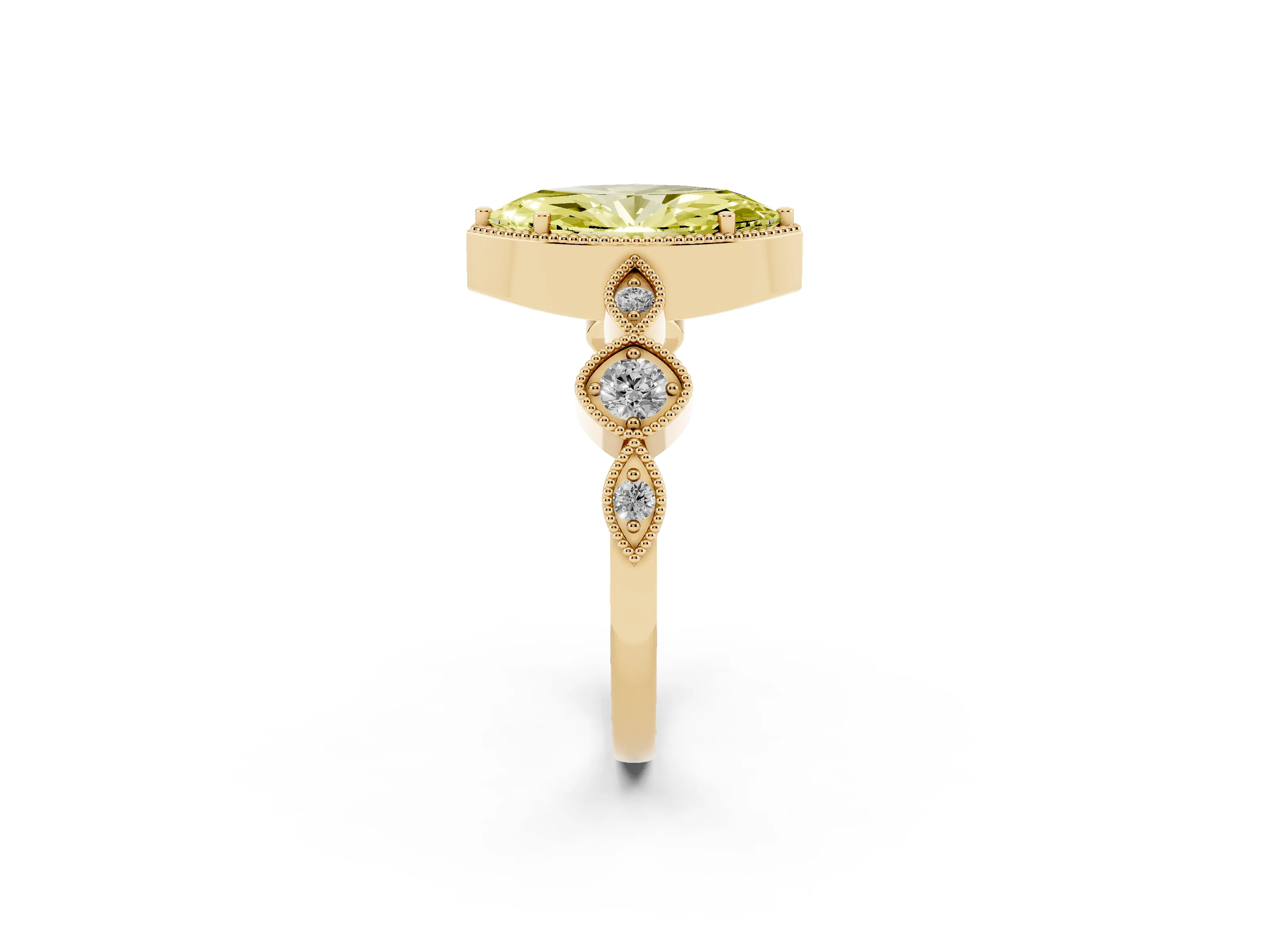 Fancy Yellow Marquise Cut Diamond Vintage-Inspired Milgrain Ring Set in Yellow gold with Marquise Stations of Round Accents