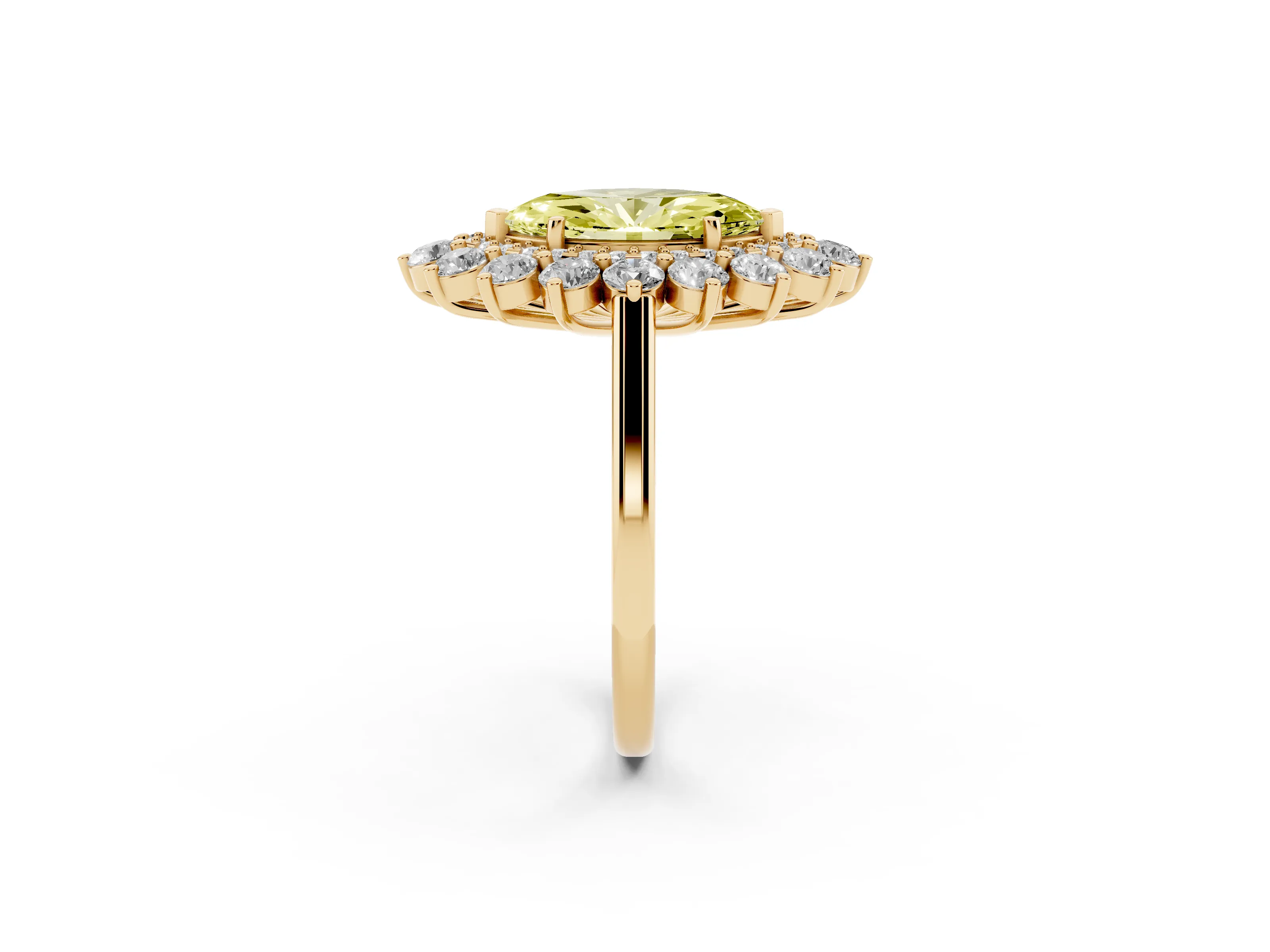 Fancy Yellow Marquise Cut Diamond Floral Double Halo Ring Set in Yellow gold with Round Petals
