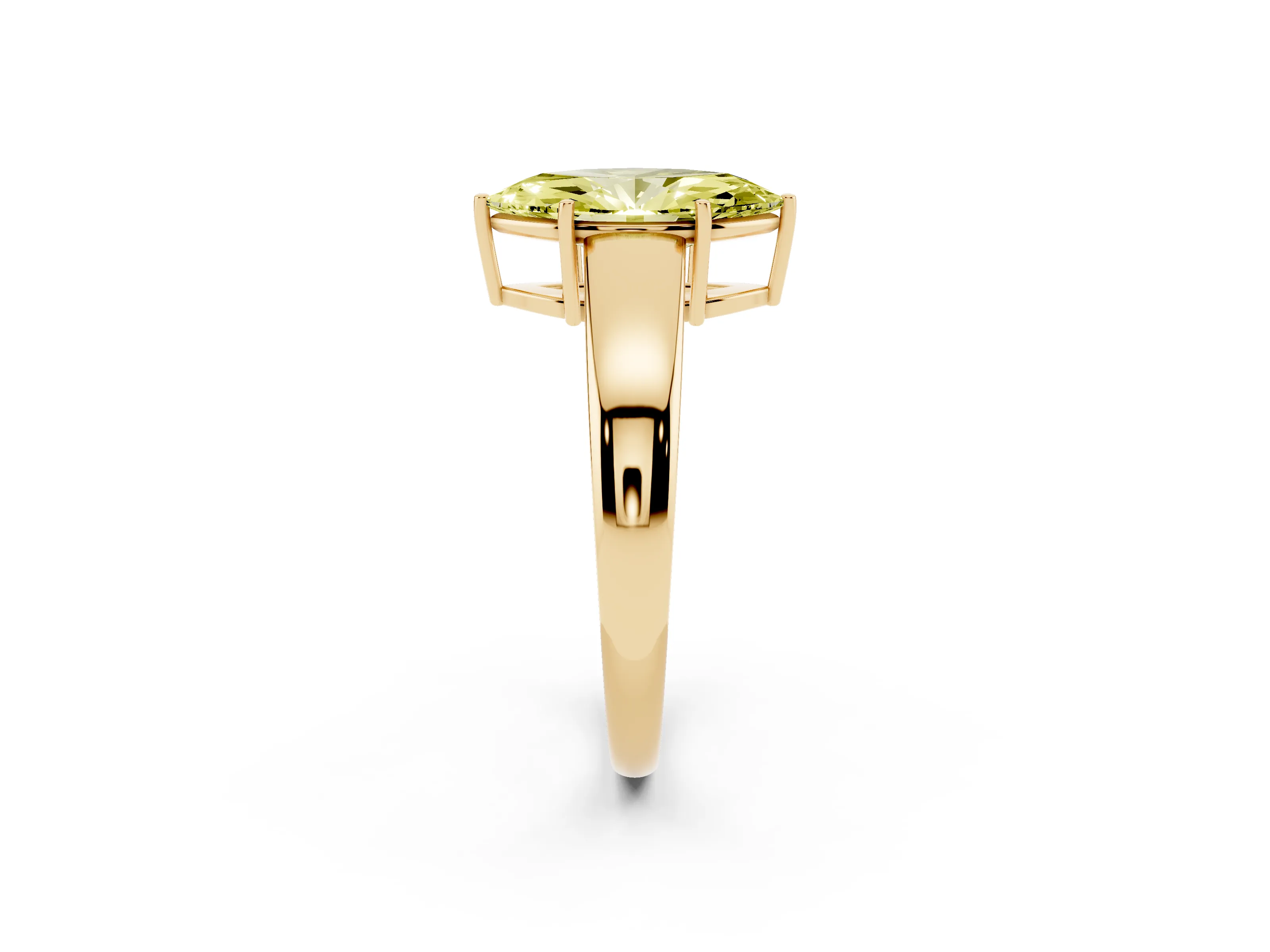 Fancy Yellow Marquise Cut Diamond Solitaire Ring Set in Yellow gold with Tapered Band and Prong Setting