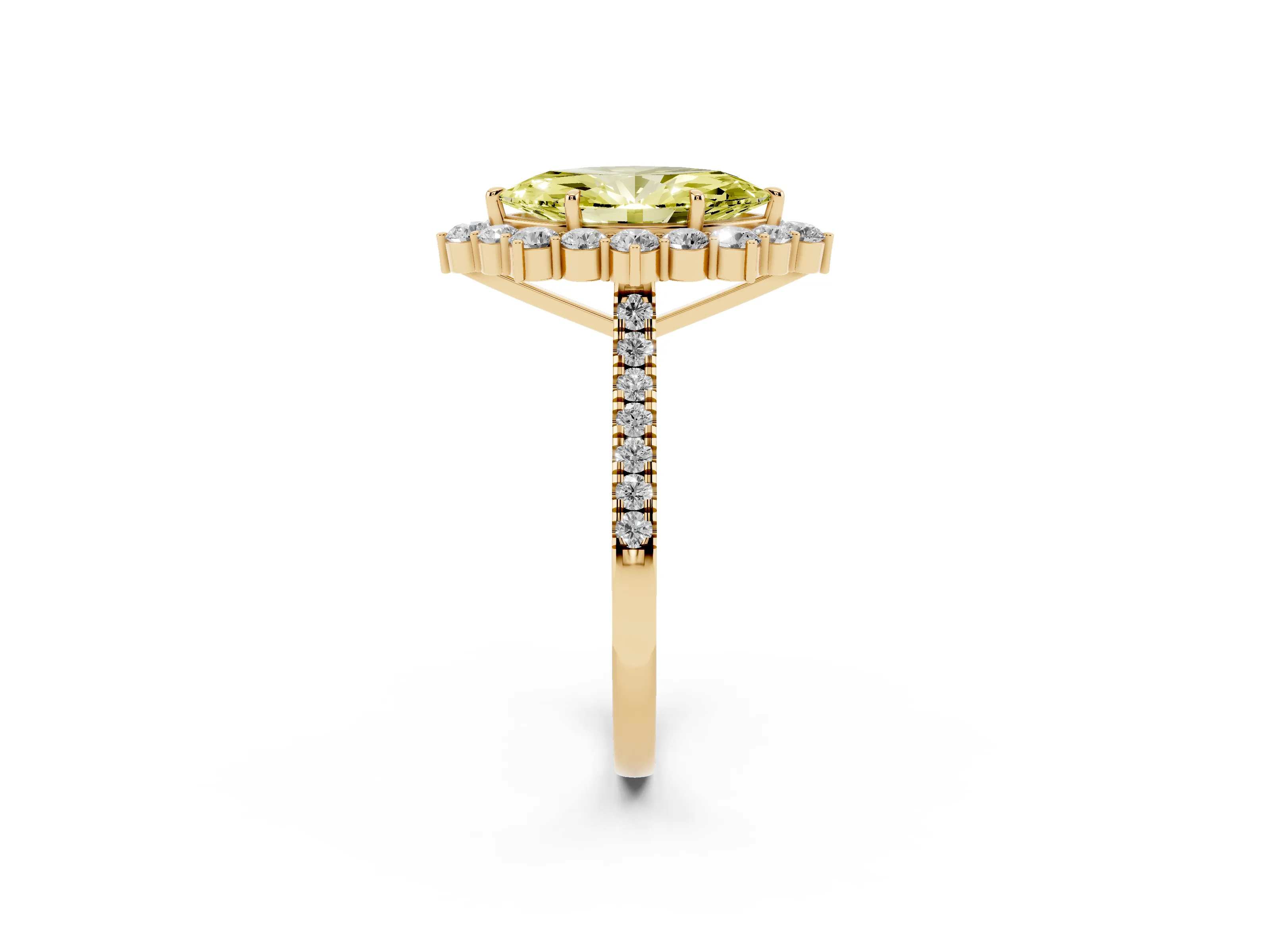 Fancy Yellow Marquise Cut Diamond Halo Ring Set in Yellow gold with Pavé Band and Prong Setting