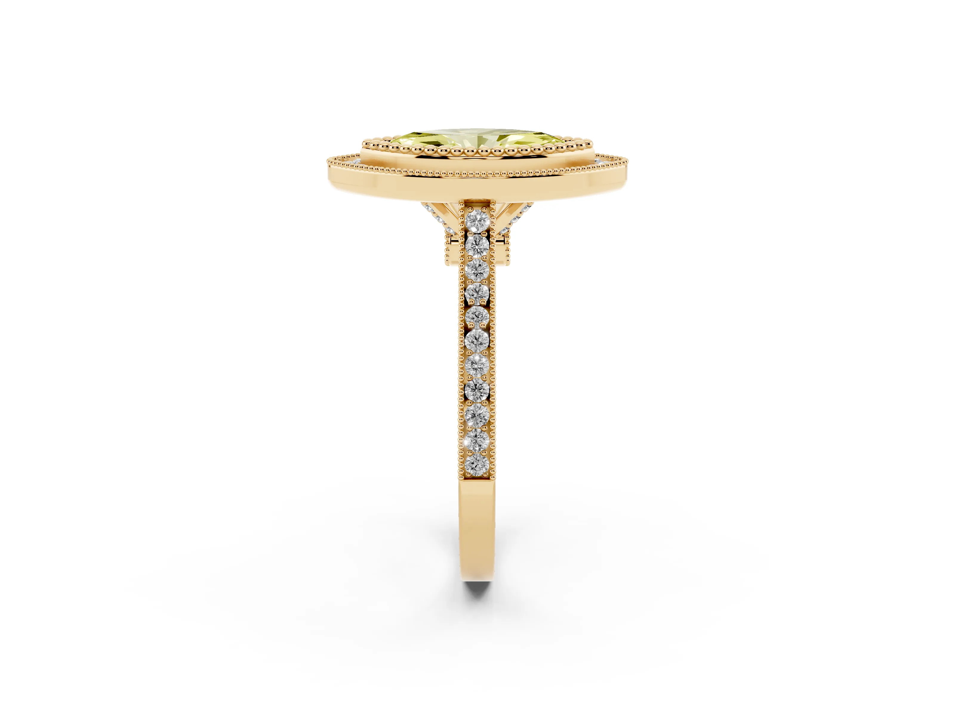 Fancy Yellow Marquise Cut Diamond Halo Ring Set in Yellow gold with Milgrain Frame and Pavé Band