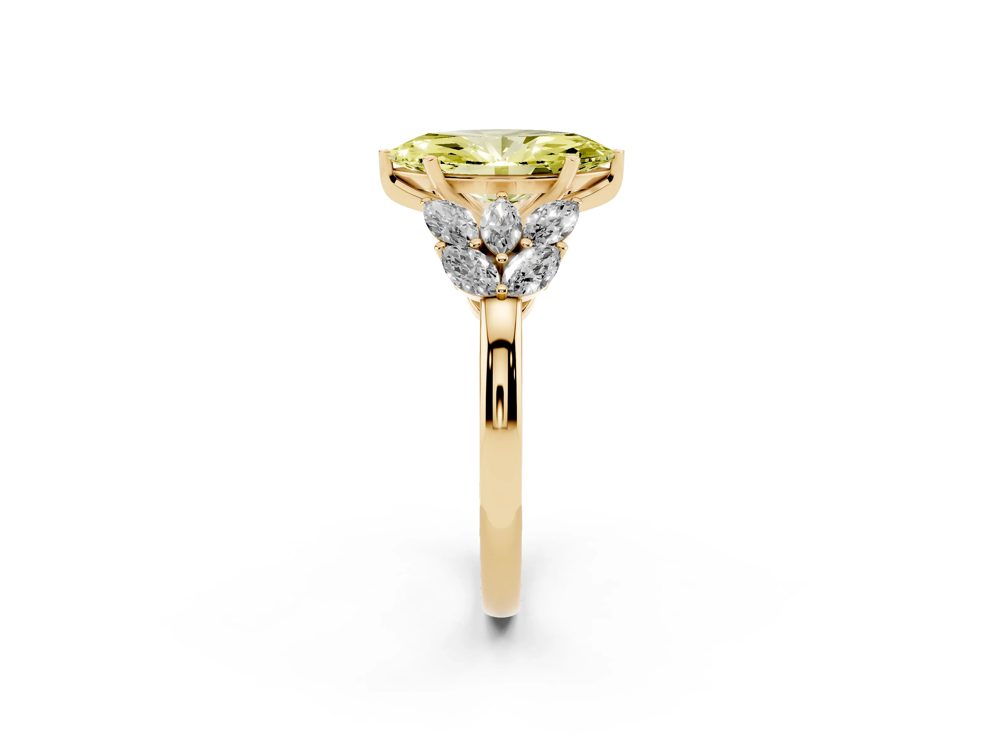 Fancy Yellow Marquise Cut Diamond Cluster Leaf Design Ring Set in Yellow gold with Prong Setting