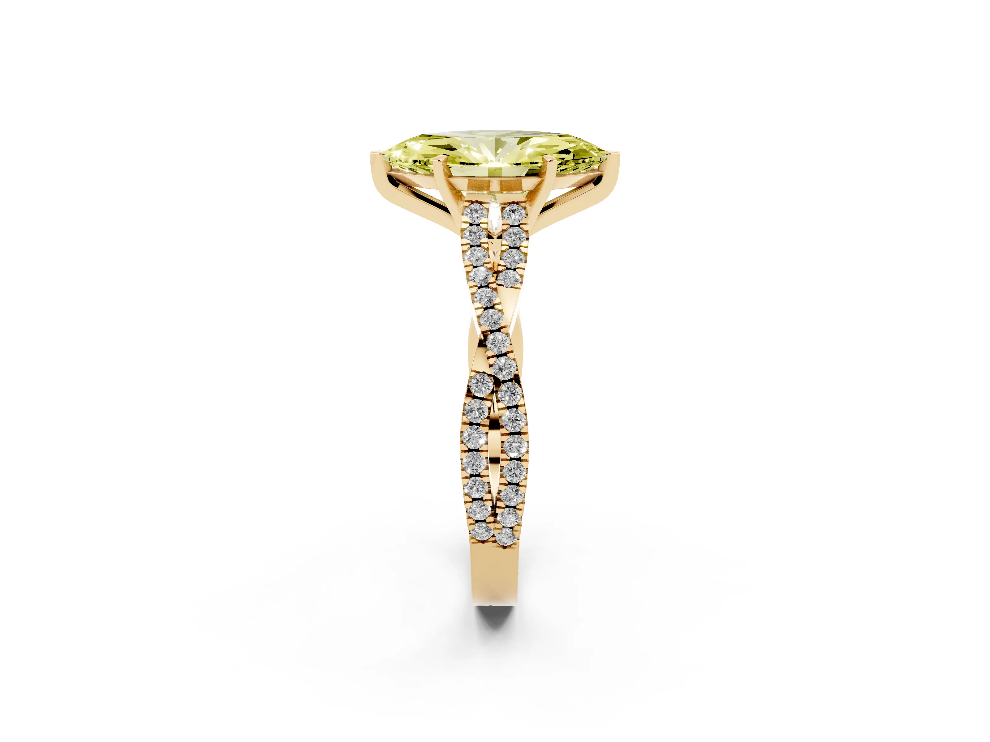 Fancy Yellow Marquise Cut Diamond Solitaire Engagement Ring Set in Yellow gold with Twisted Pavé Band and Prong Setting