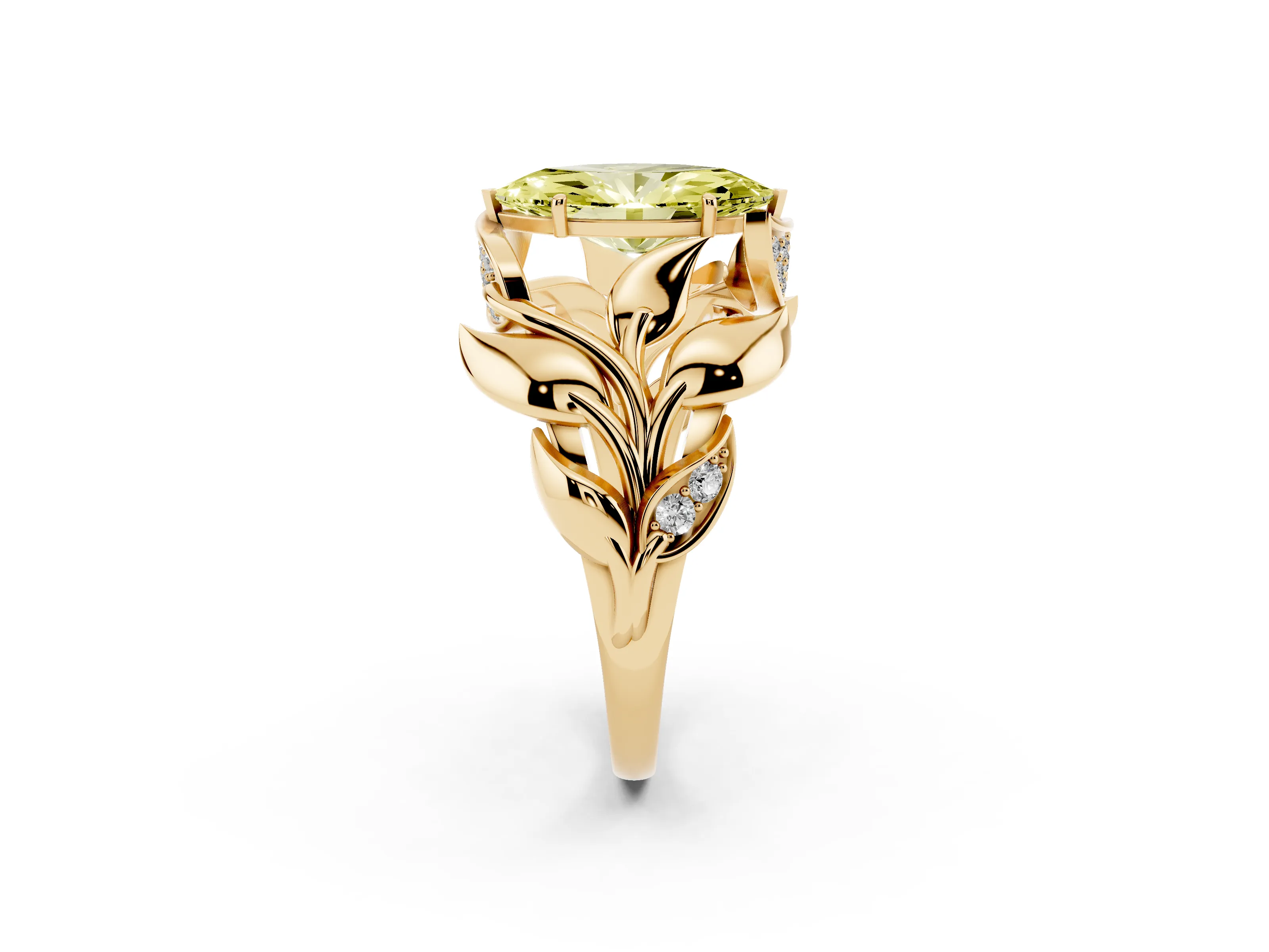 Fancy Yellow Marquise Cut Diamond Leaf-Inspired Engagement Ring Set in Yellow gold with Round Accents