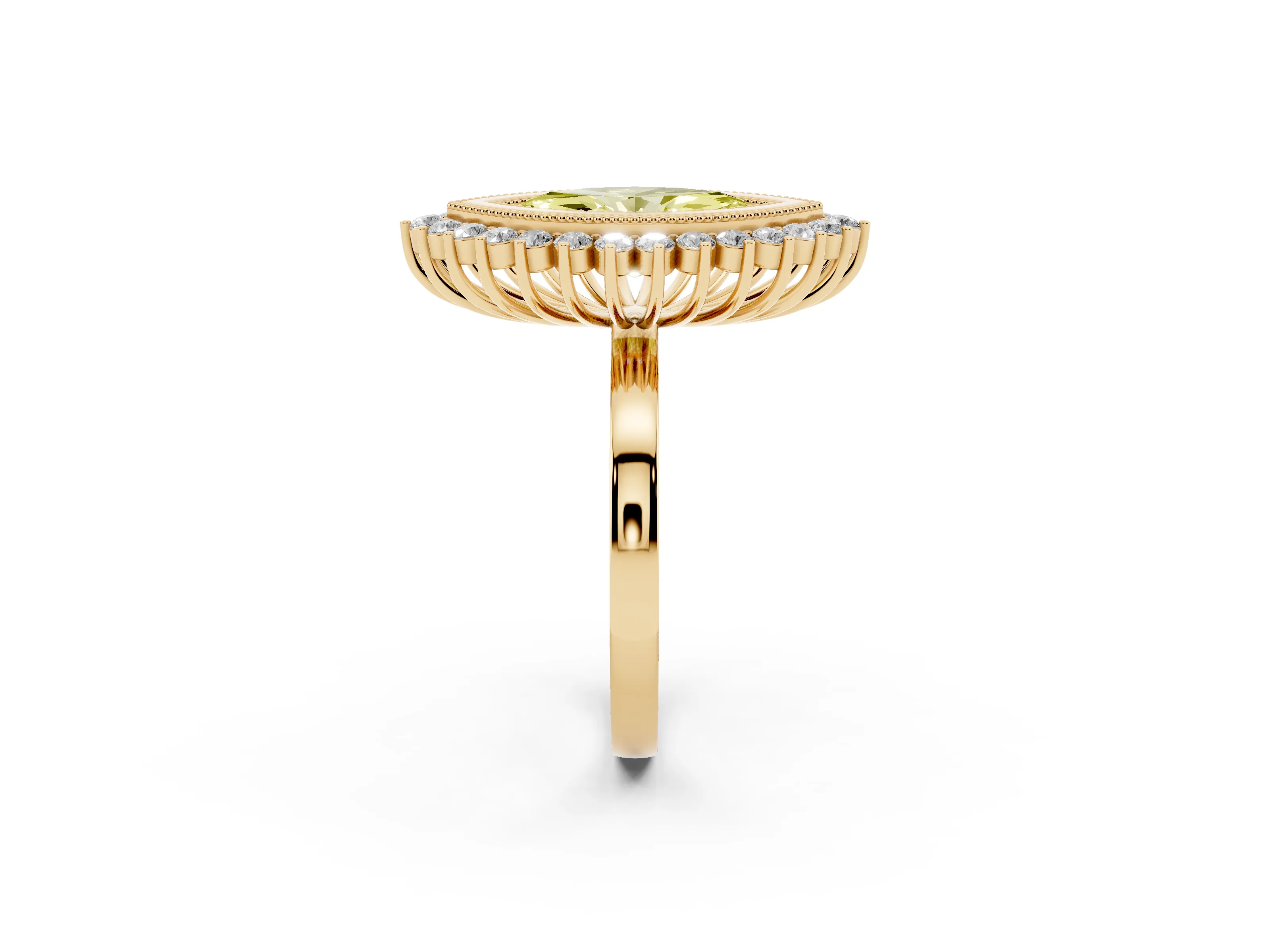 Fancy Yellow Marquise Cut Diamond Halo Ring Set in Yellow gold with Milgrain Edge and Round Prong Setting