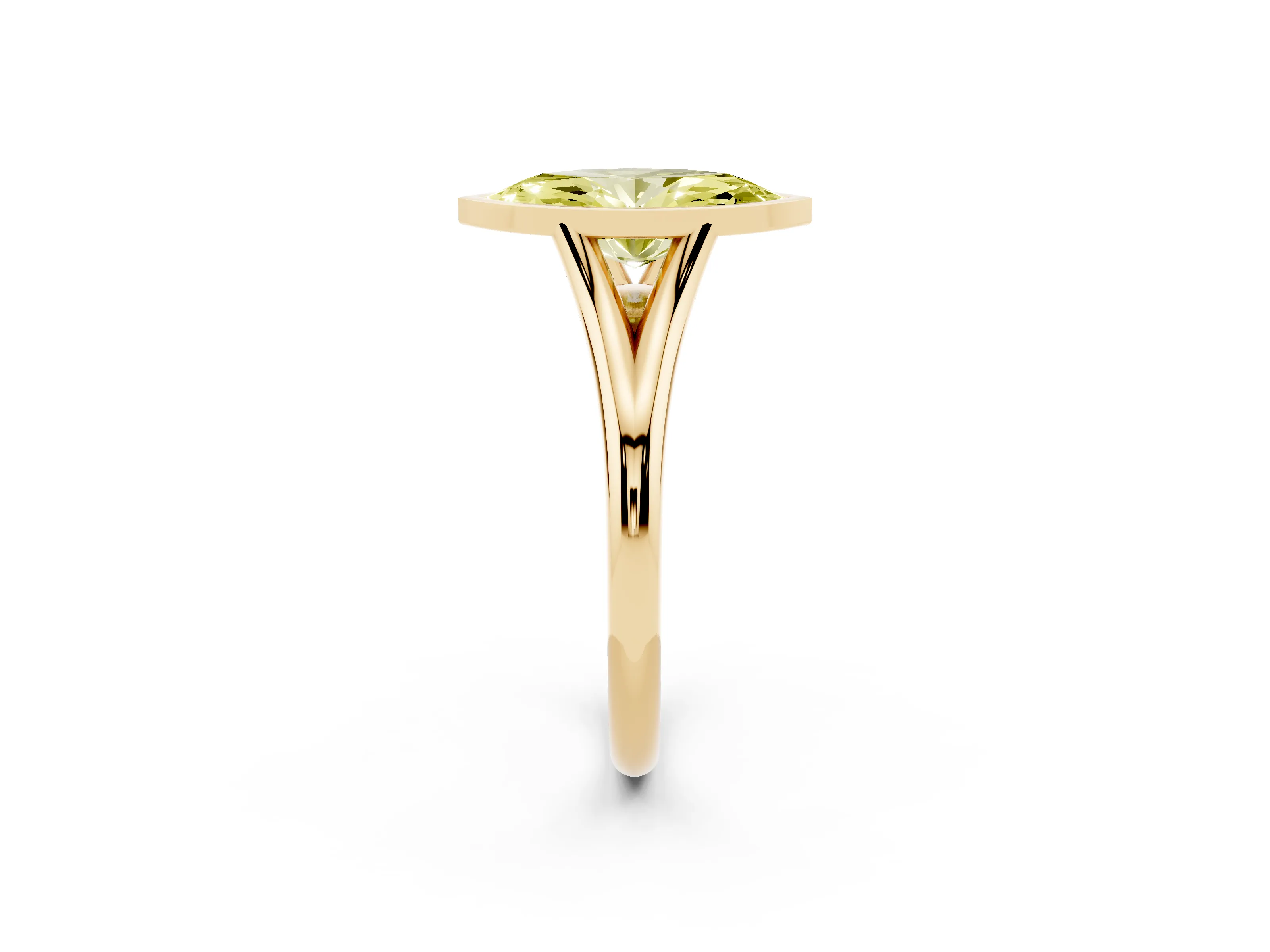Fancy Yellow Bezel Set Marquise Cut Diamond Solitaire Ring Set in Yellow gold with Tapered Band