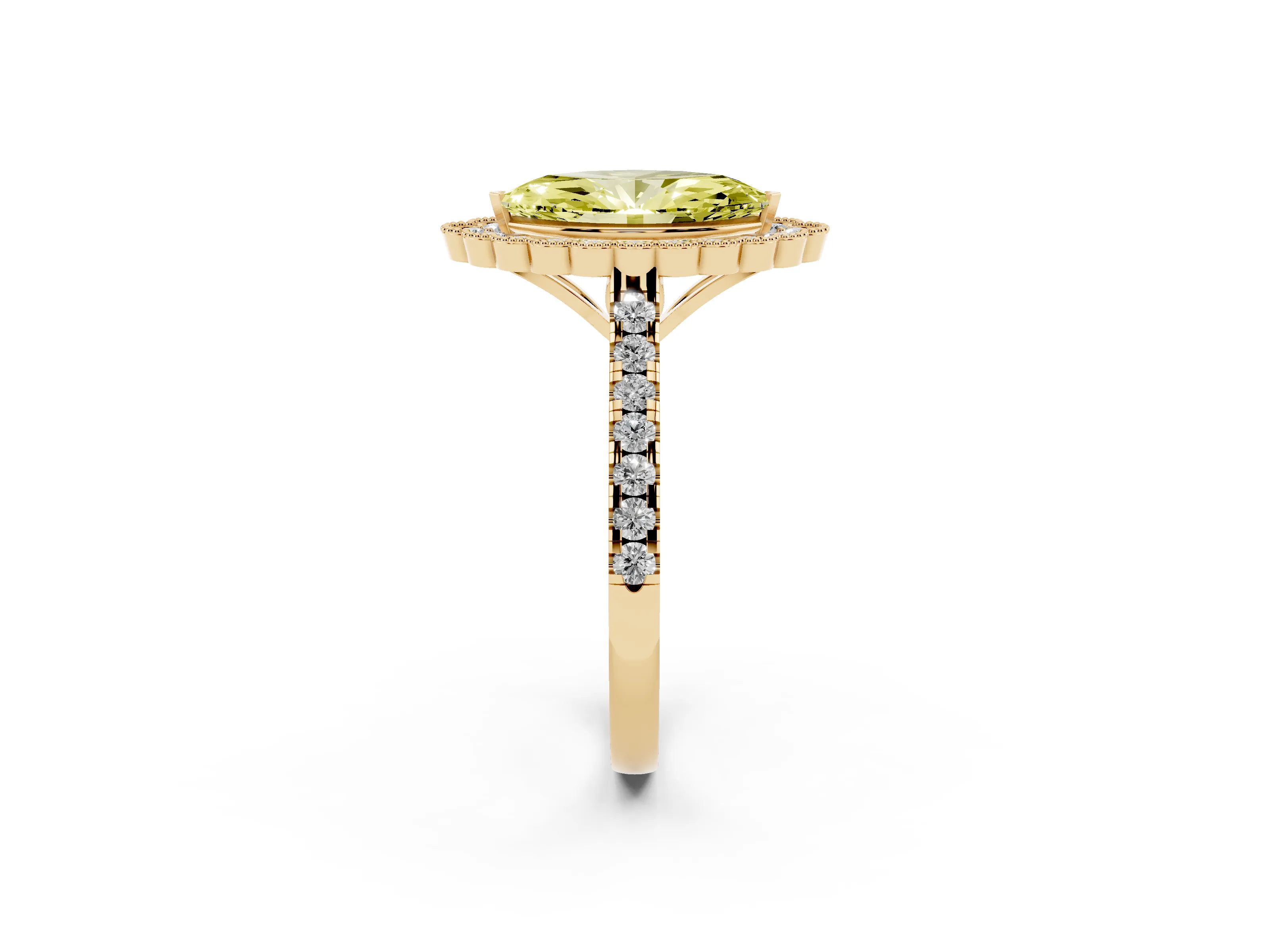 Fancy Yellow Marquise Cut Diamond Milgrain Floral Halo Engagement Ring Set in Yellow gold with Pavé Band
