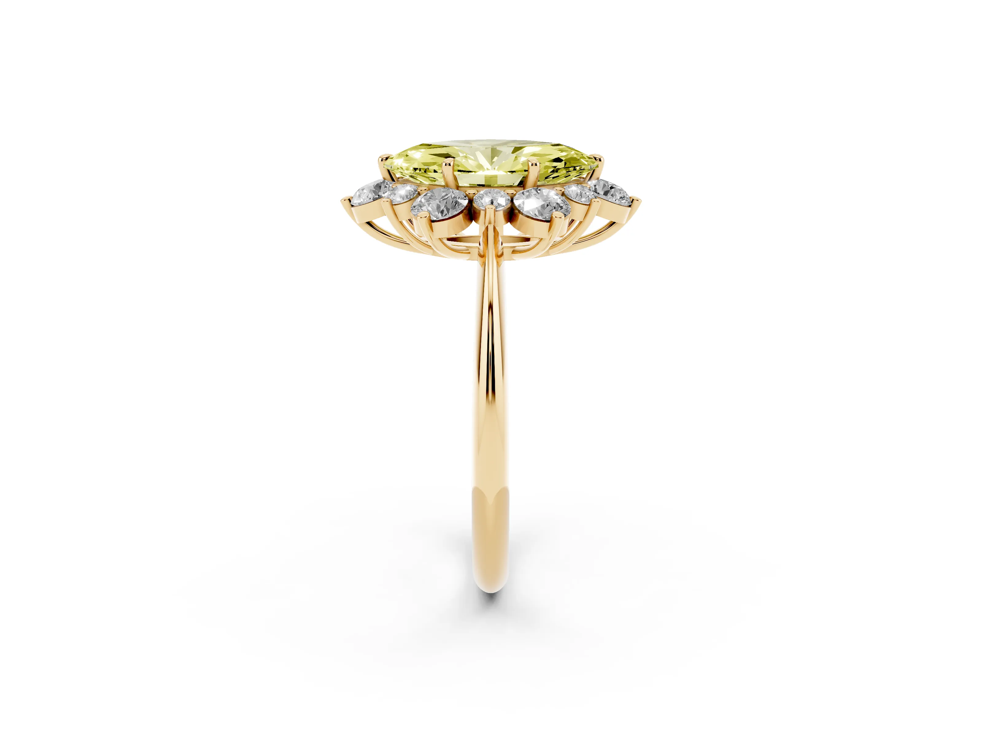 Fancy Yellow Marquise Cut Diamond Cluster Halo Ring Set in Yellow gold with Solitaire Band and Prong Setting