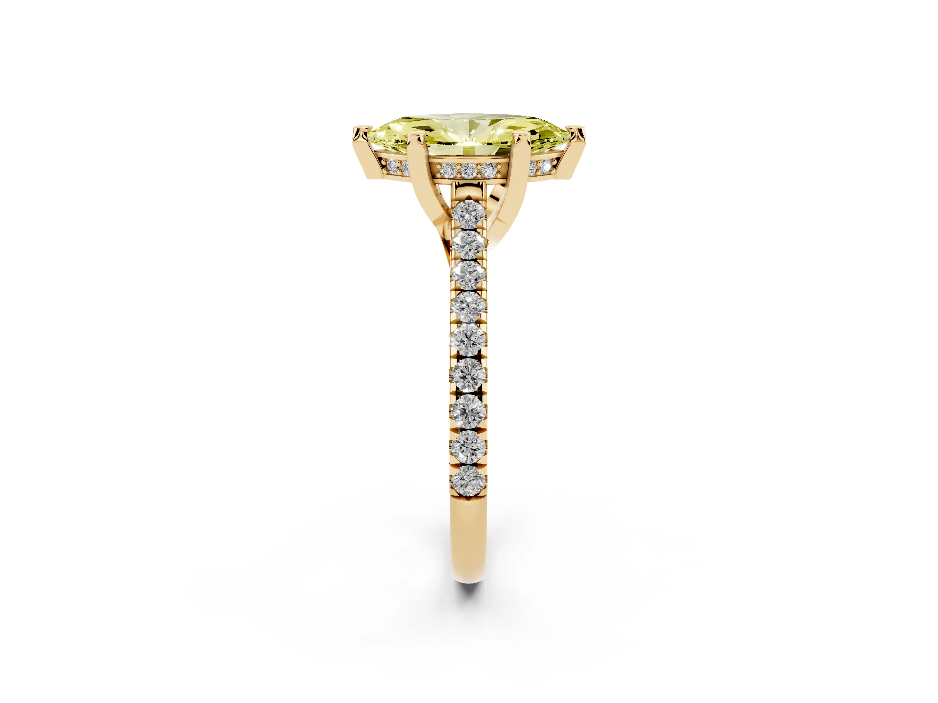 Fancy Yellow Marquise Cut Diamond Solitaire Ring Set in Yellow gold with Brilliant Pavé Band and Prong Setting