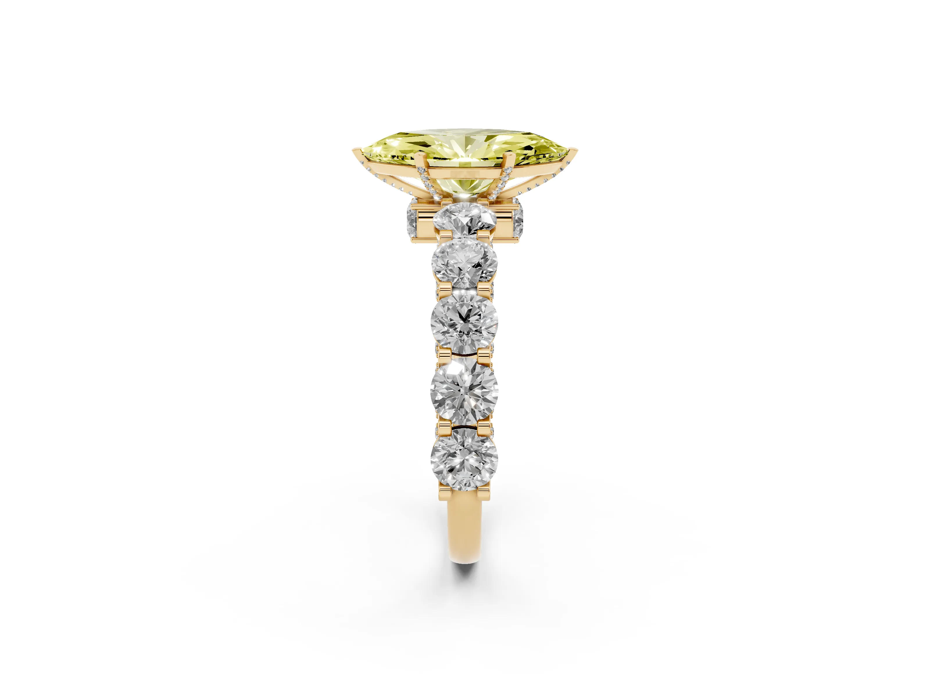 Fancy Yellow Marquise Cut Diamond Side Stone Ring Set in Yellow gold with Alternating Round and Oval Side Stones