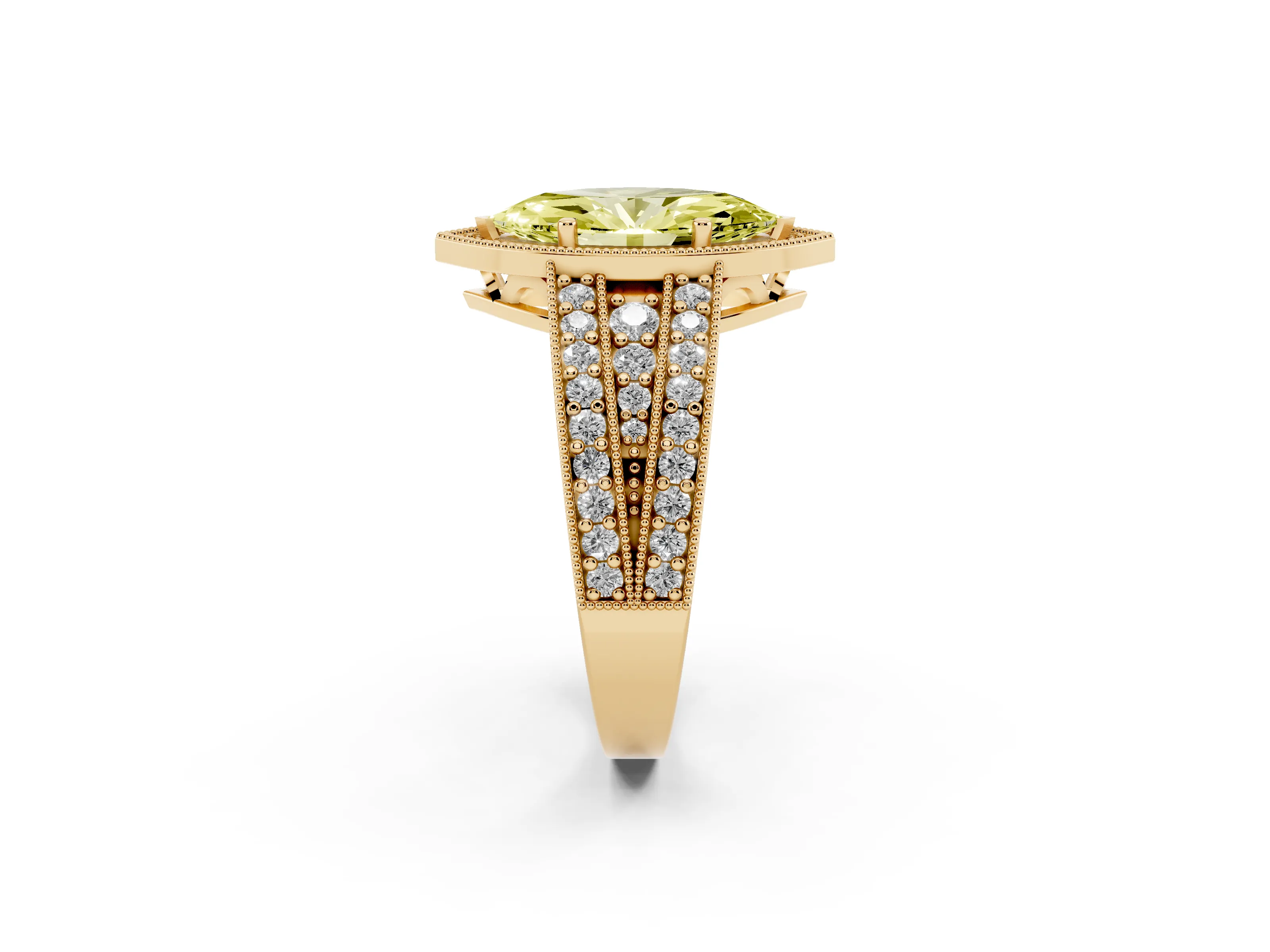 Fancy Yellow Marquise Cut Diamond Halo Ring Set in Yellow gold with Accent Split Shank and Prong Setting