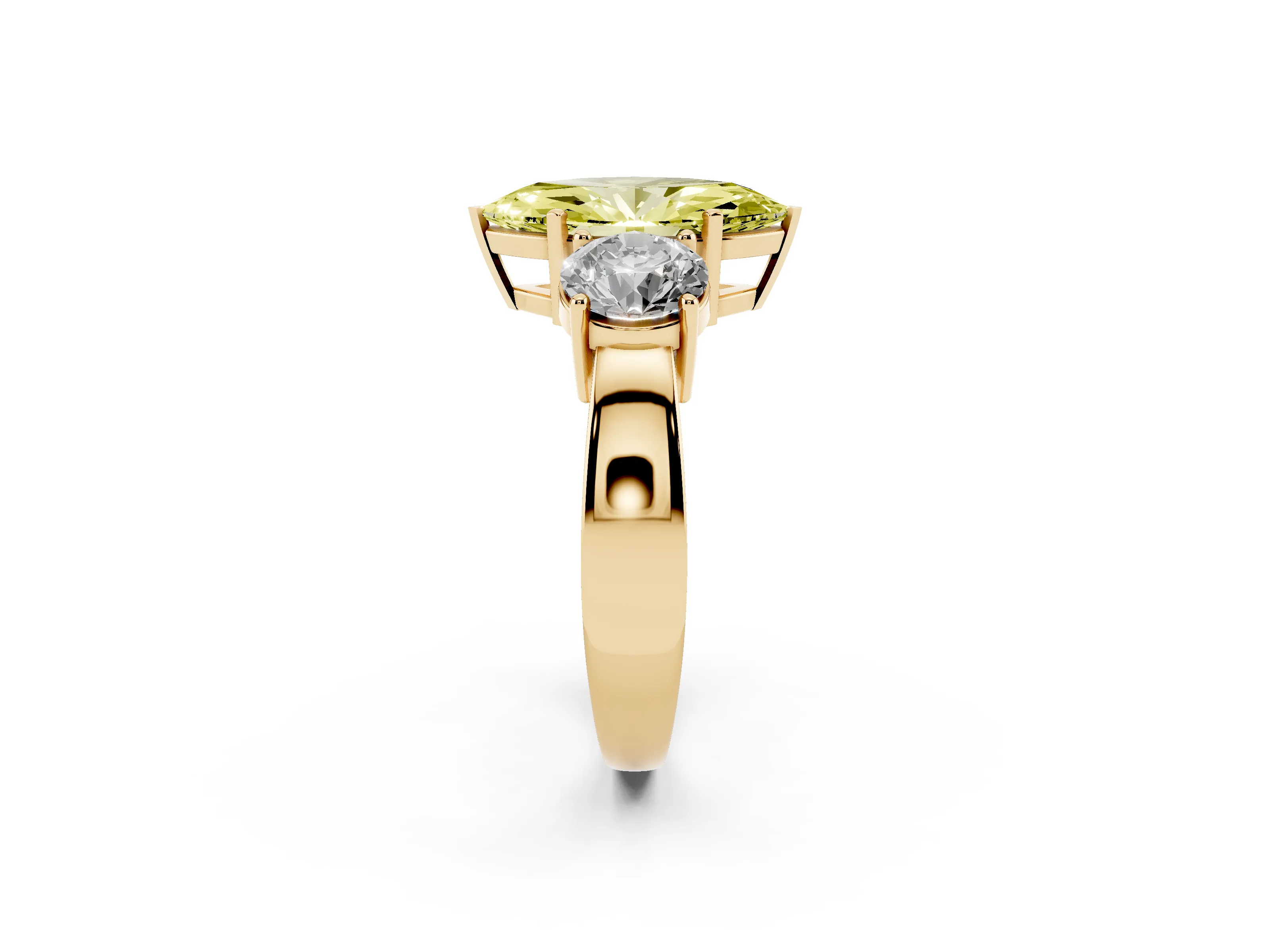 Fancy Yellow Marquise Cut Diamond Three-Stone Ring Set in Yellow gold with Round Side Stones and Classic Band