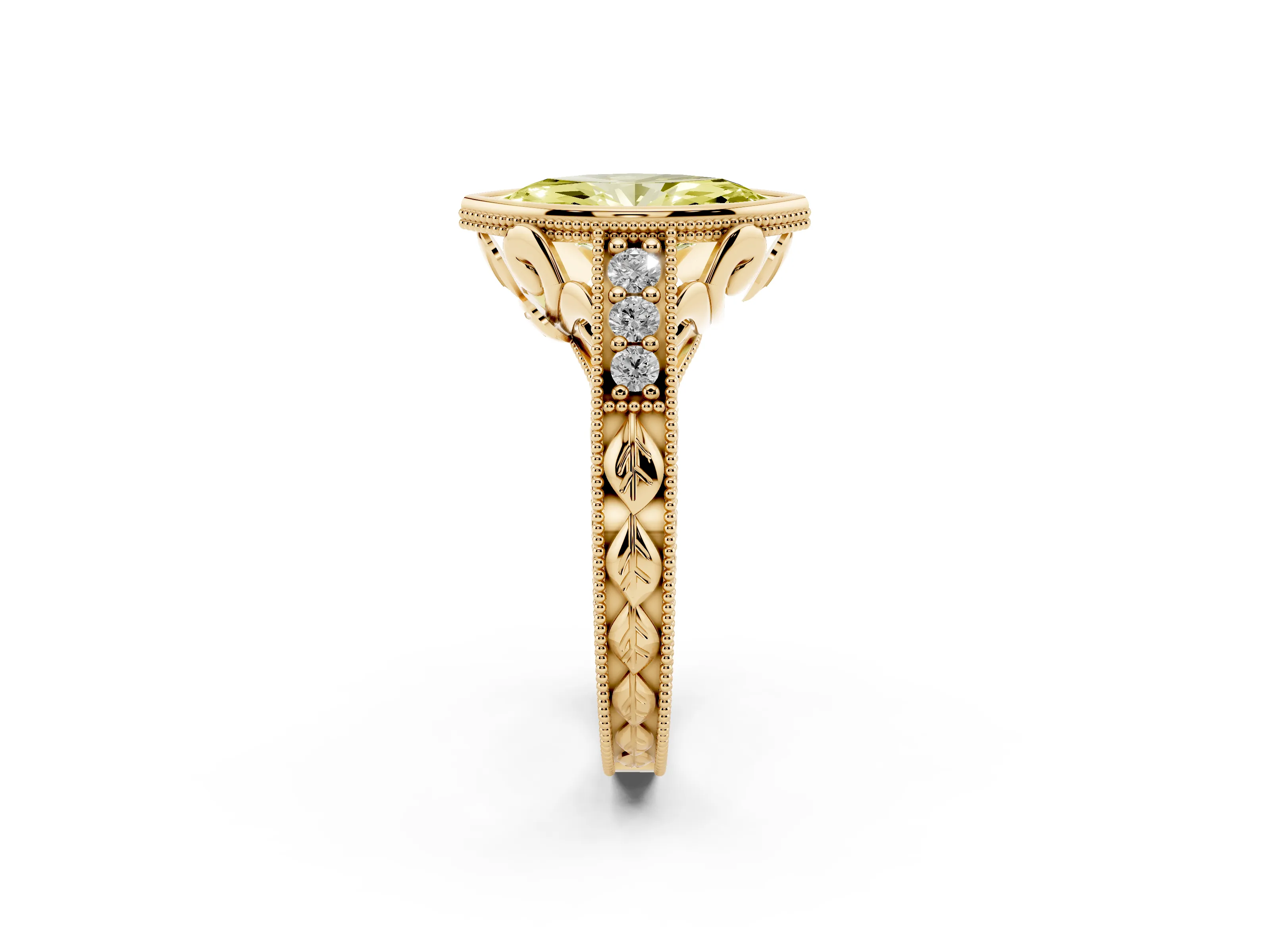 Fancy Yellow Bezel Set Marquise Cut Diamond Milgrain Pavé Engagement Ring Set in Yellow gold