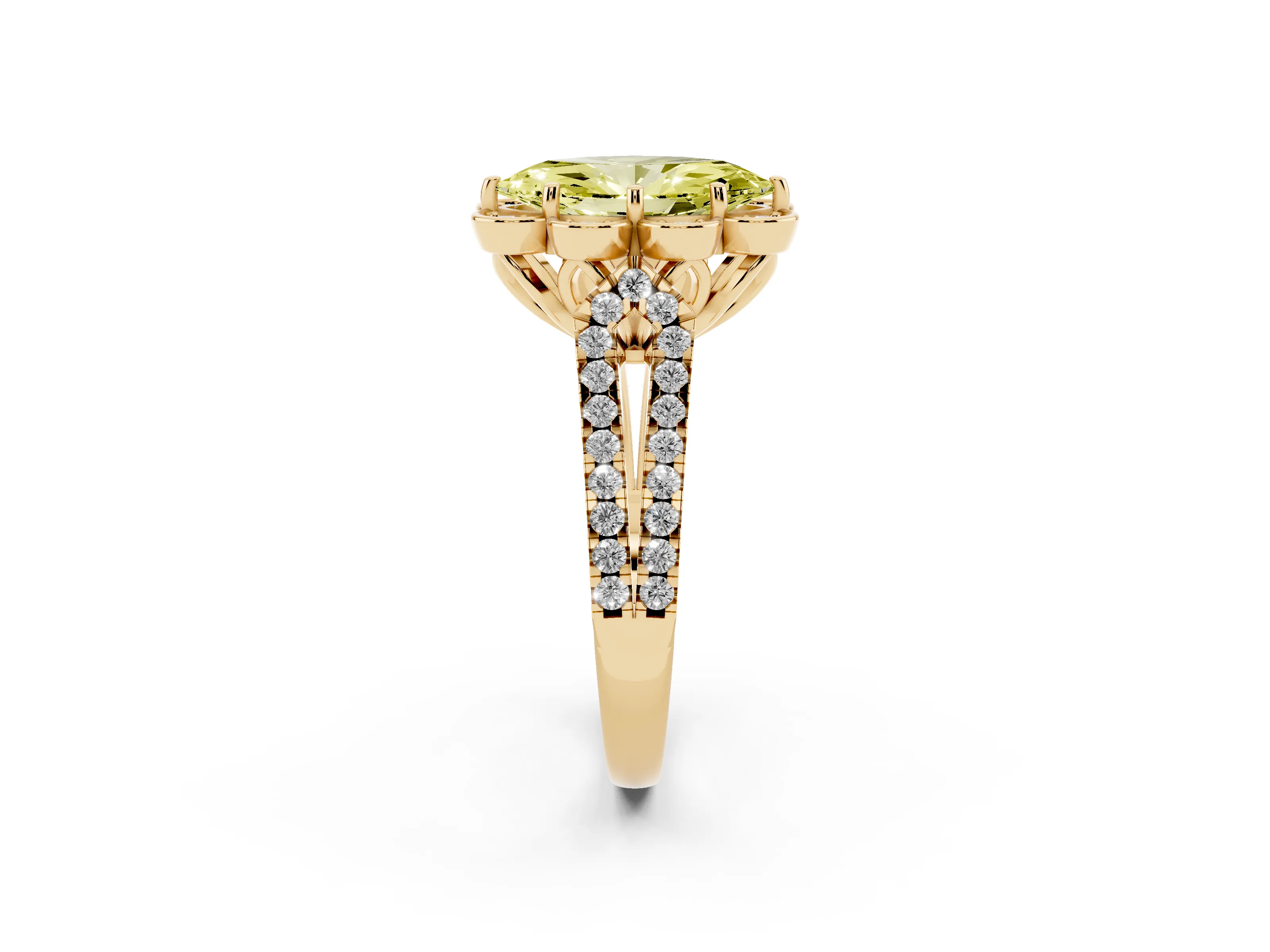 Fancy Yellow Marquise Cut Diamond Floral Halo Split Shank Engagement Ring Set in Yellow gold with Pavé Shank