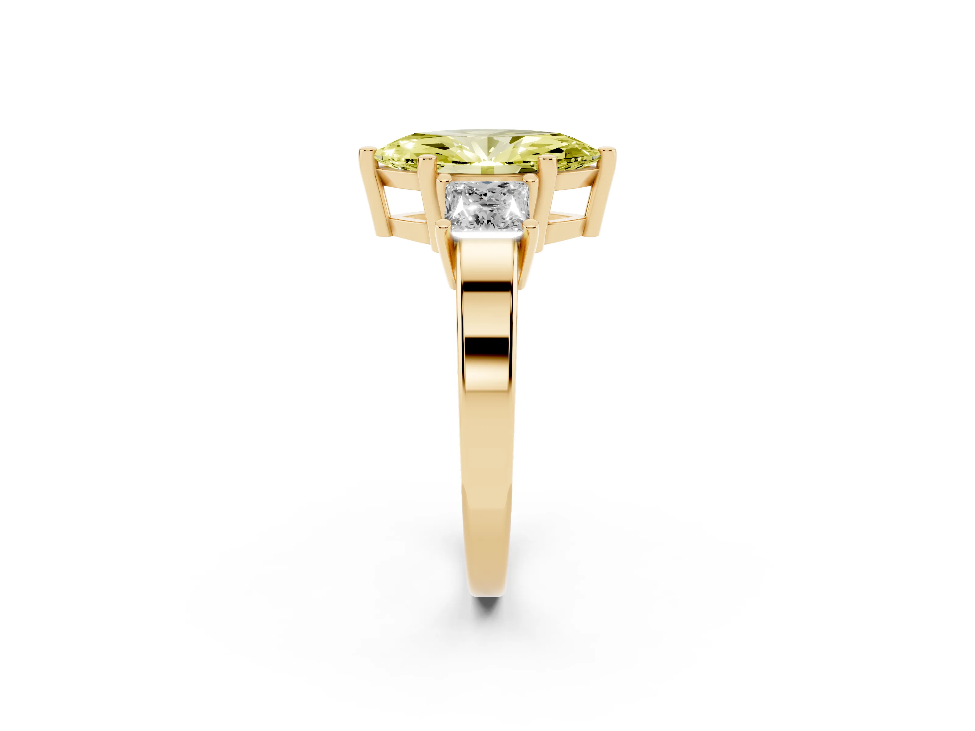 Fancy Yellow Three-Stone Marquise Cut Diamond Solitaire Ring Set in Yellow gold with Prong Setting