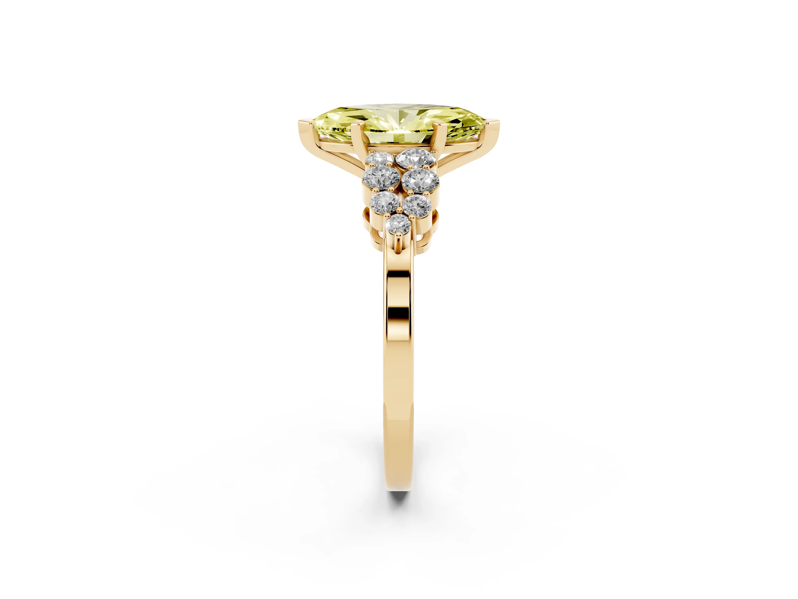 Fancy Yellow Marquise Cut Diamond Cluster Engagement Ring Set in Yellow gold with Pavé Band and Prong Setting