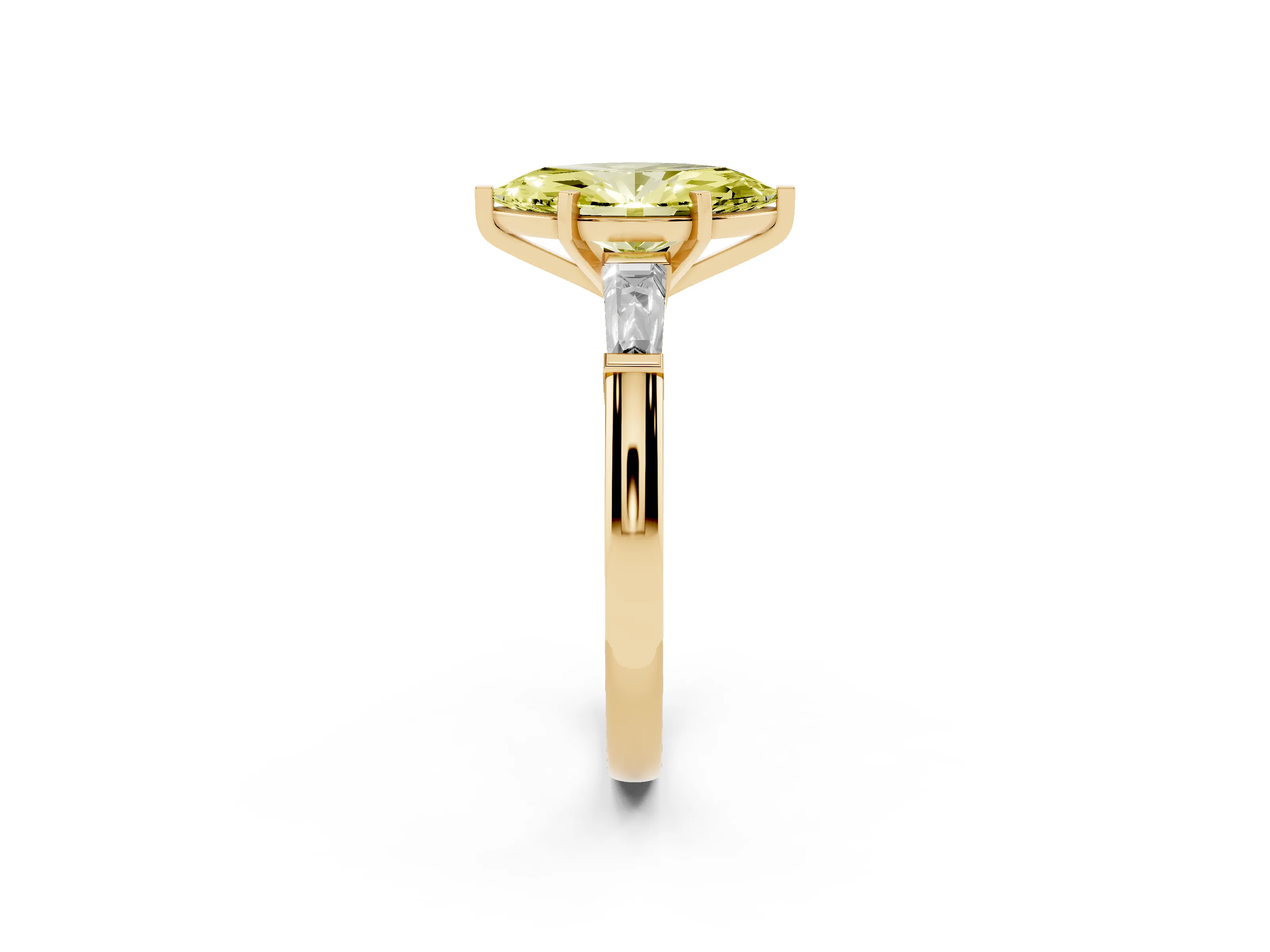Fancy Yellow Marquise Cut Diamond Solitaire Ring Set in Yellow gold with Tapered Baguette Side Stones and Prong Setting