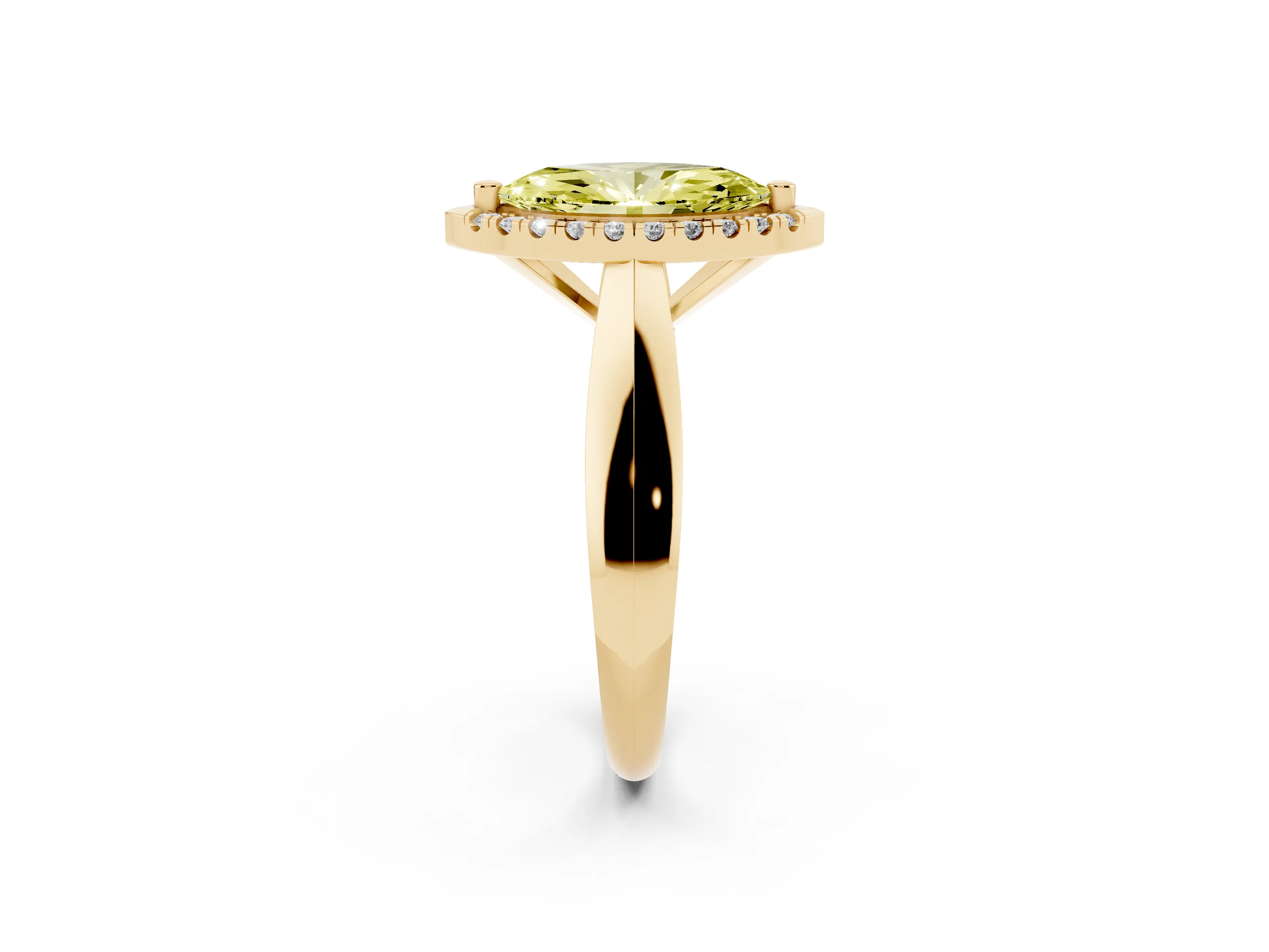 Fancy Yellow Marquise Cut Diamond Halo Solitaire Engagement Ring Set in Yellow gold with Square Band and Prong Setting