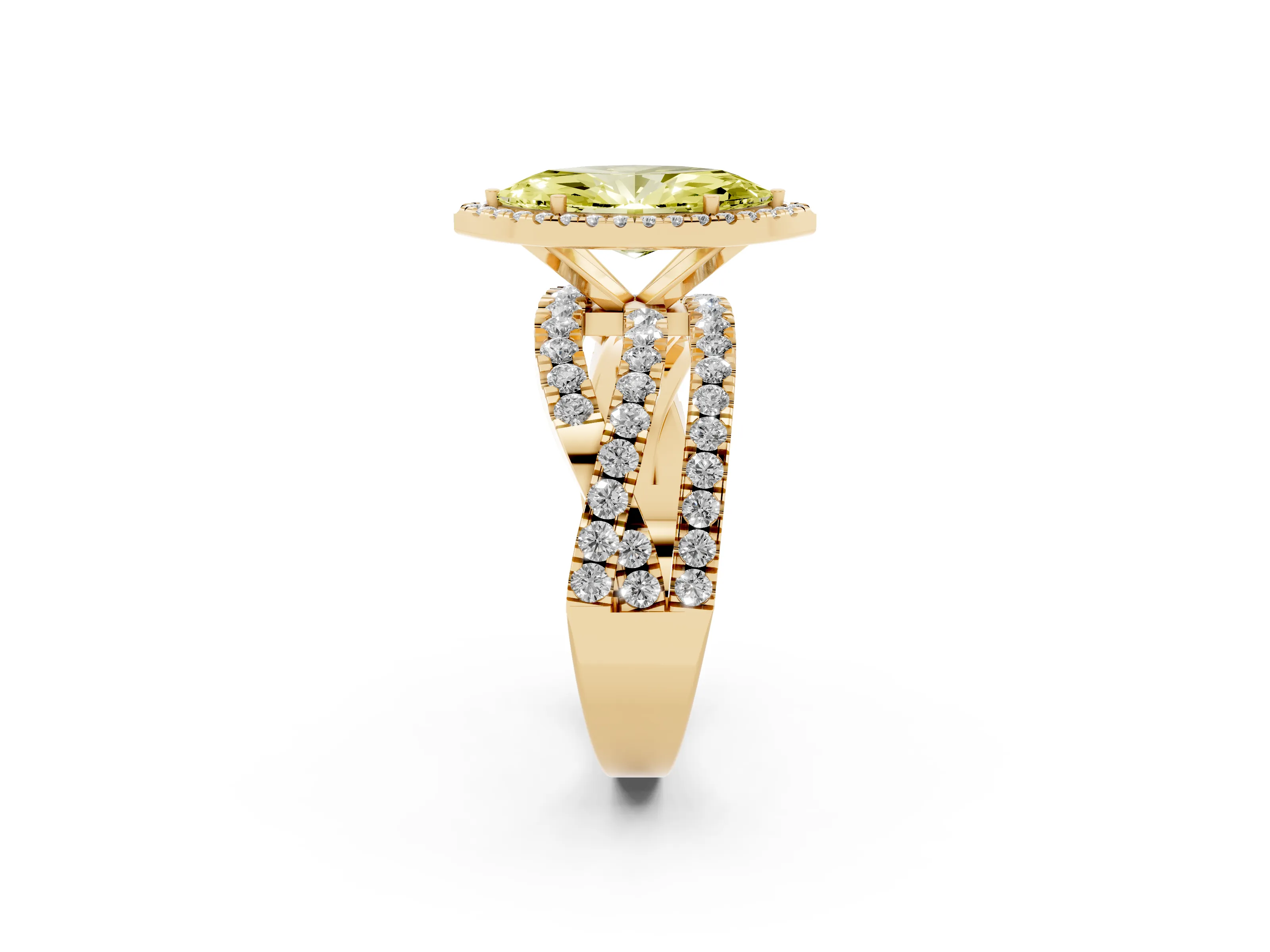 Fancy Yellow Marquise Cut Diamond Halo Ring Set in Yellow gold with Round Crossover Split Shank and Prong Setting