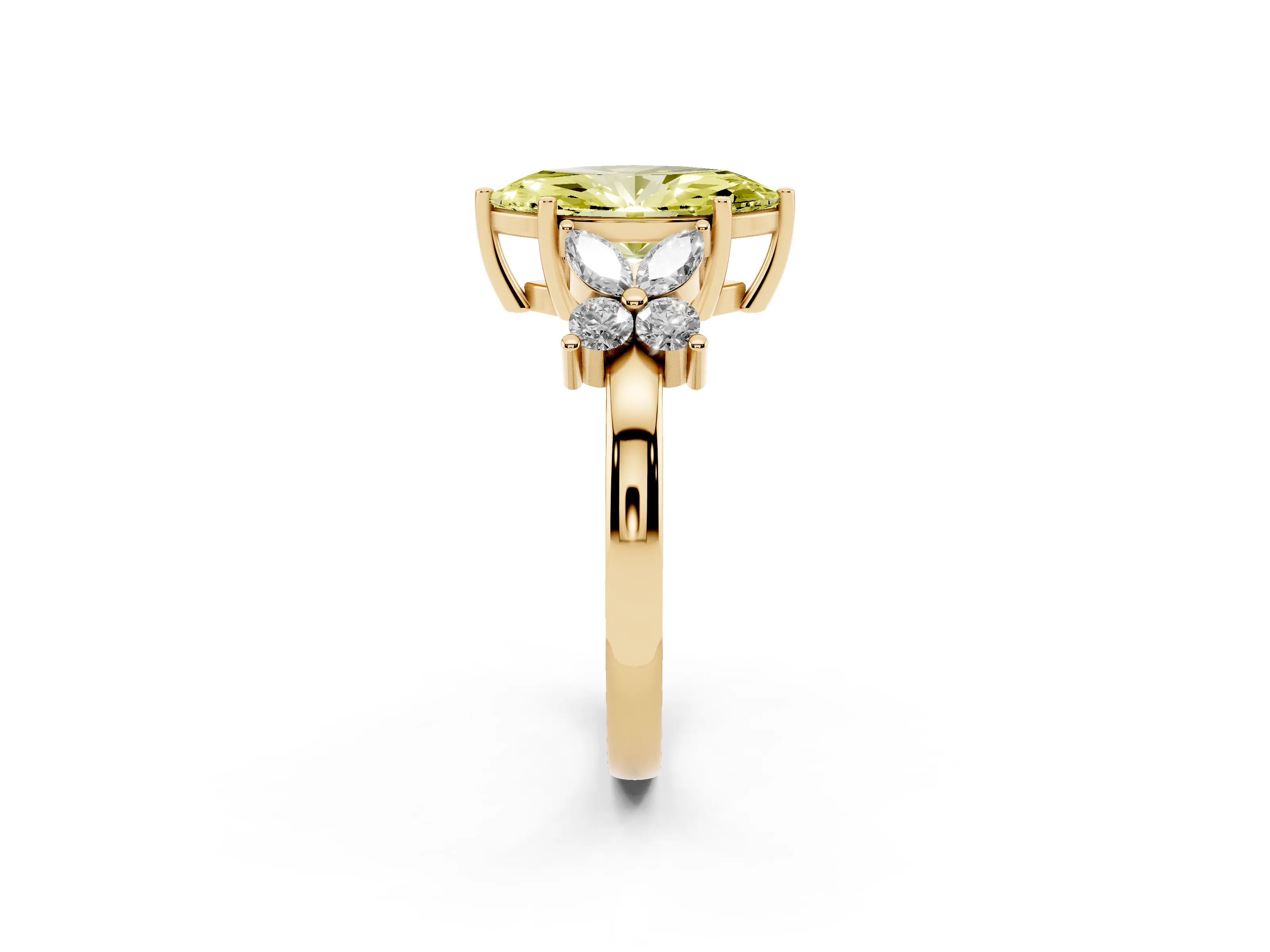 Fancy Yellow Marquise Cut Diamond Floral Cluster Ring Set in Yellow gold with Marquise Petals and Prong Setting