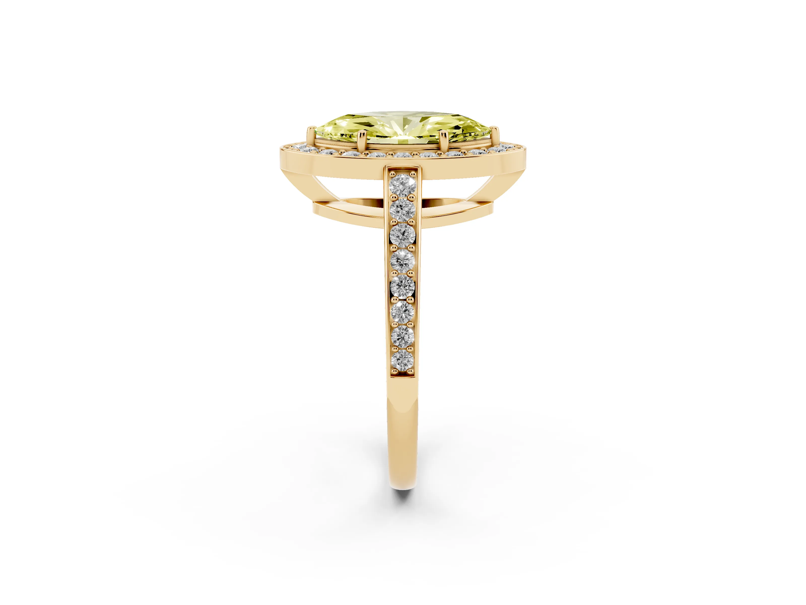 Fancy Yellow Marquise Cut Diamond Halo Pavé Engagement Ring Set in Yellow gold with Bezel Setting