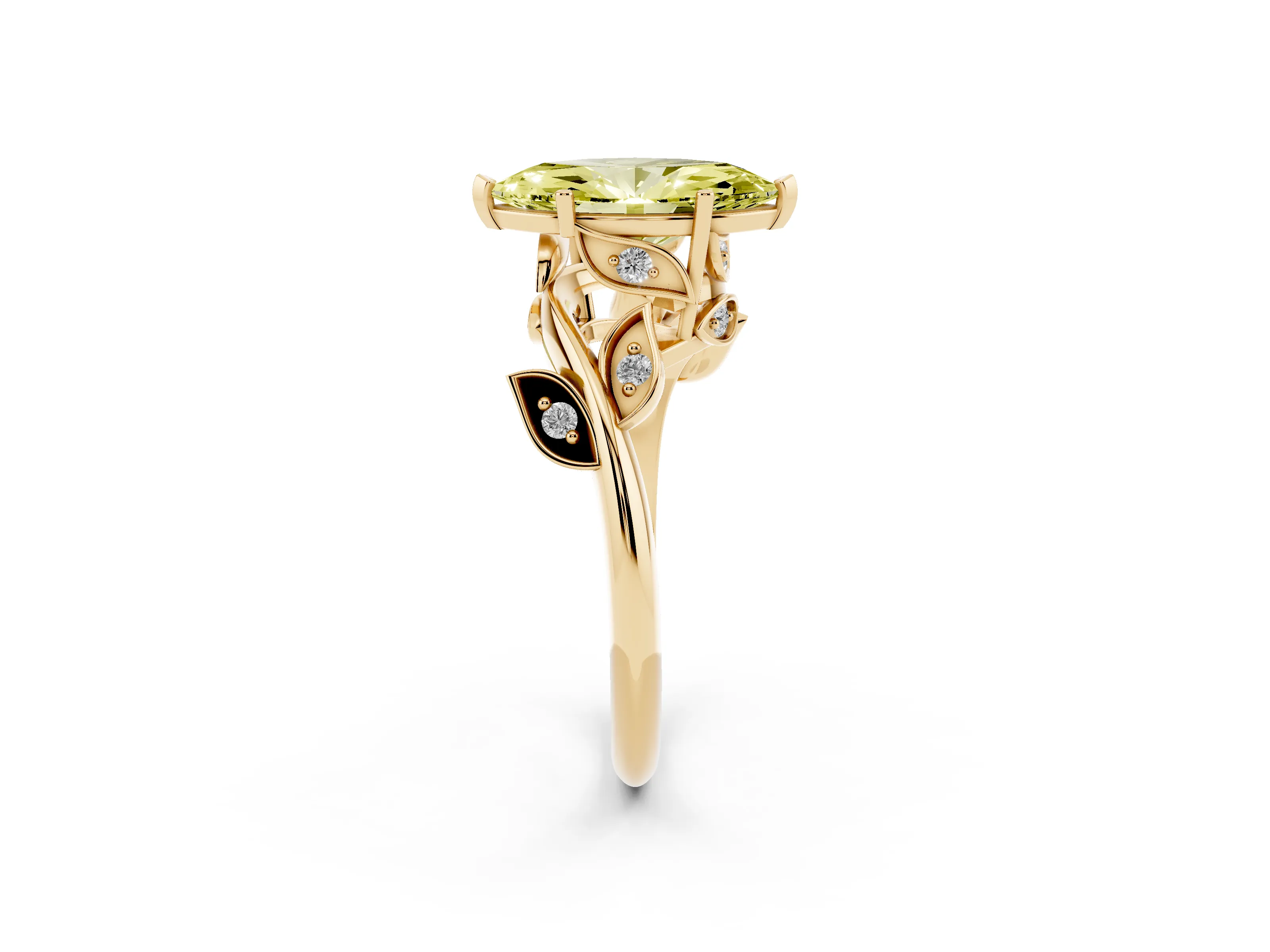 Fancy Yellow Marquise Cut Diamond Solitaire Twist Engagement Ring Set in Yellow gold with Pavé Leaf Accents