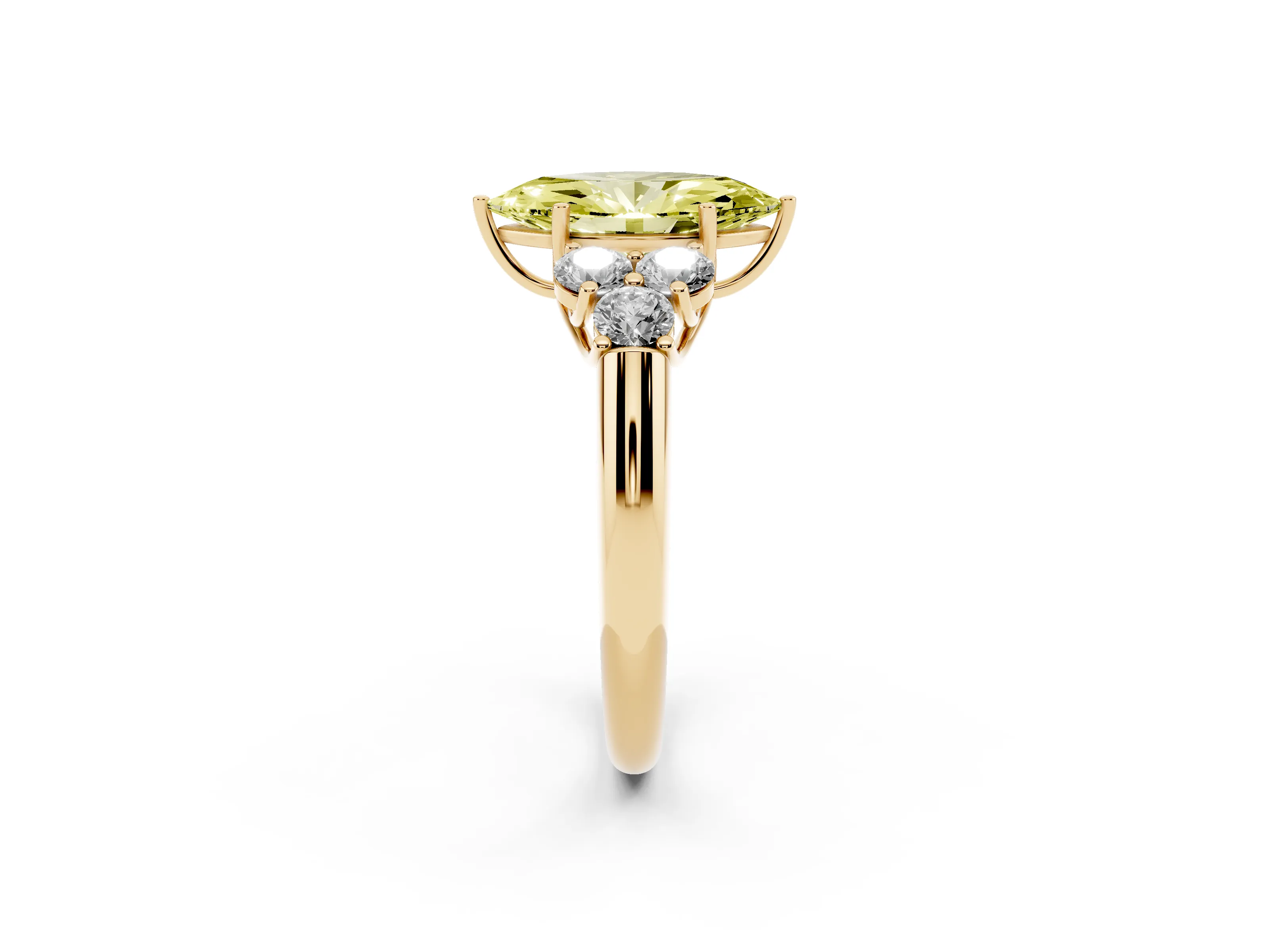Fancy Yellow Marquise Cut Diamond Cluster Ring Set in Yellow gold with Round Accent Stones and Prong Setting on a Plain Band