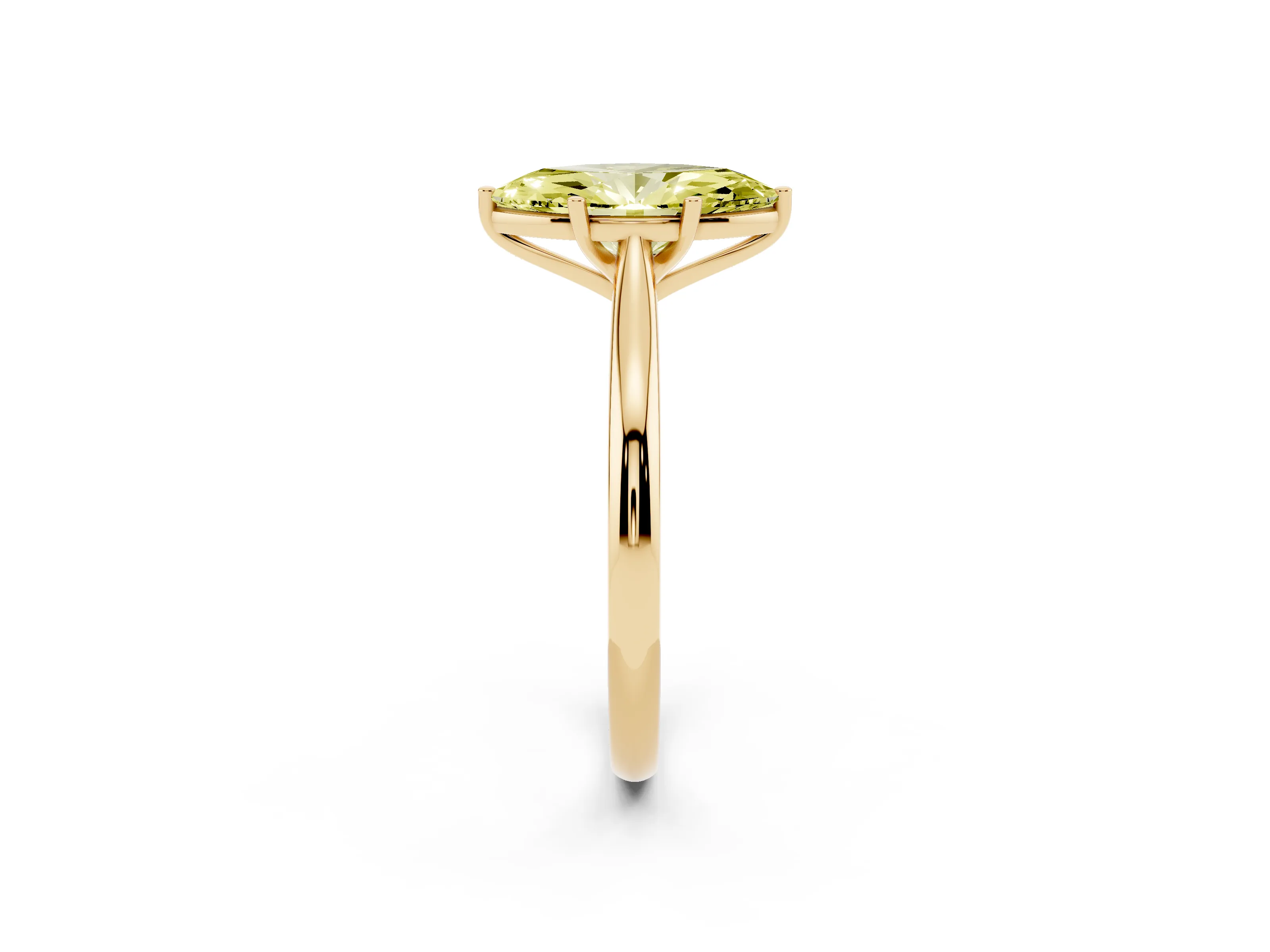 Fancy Yellow Marquise Cut Diamond Solitaire Ring Set in Yellow gold with Cathedral Band and Prong Setting