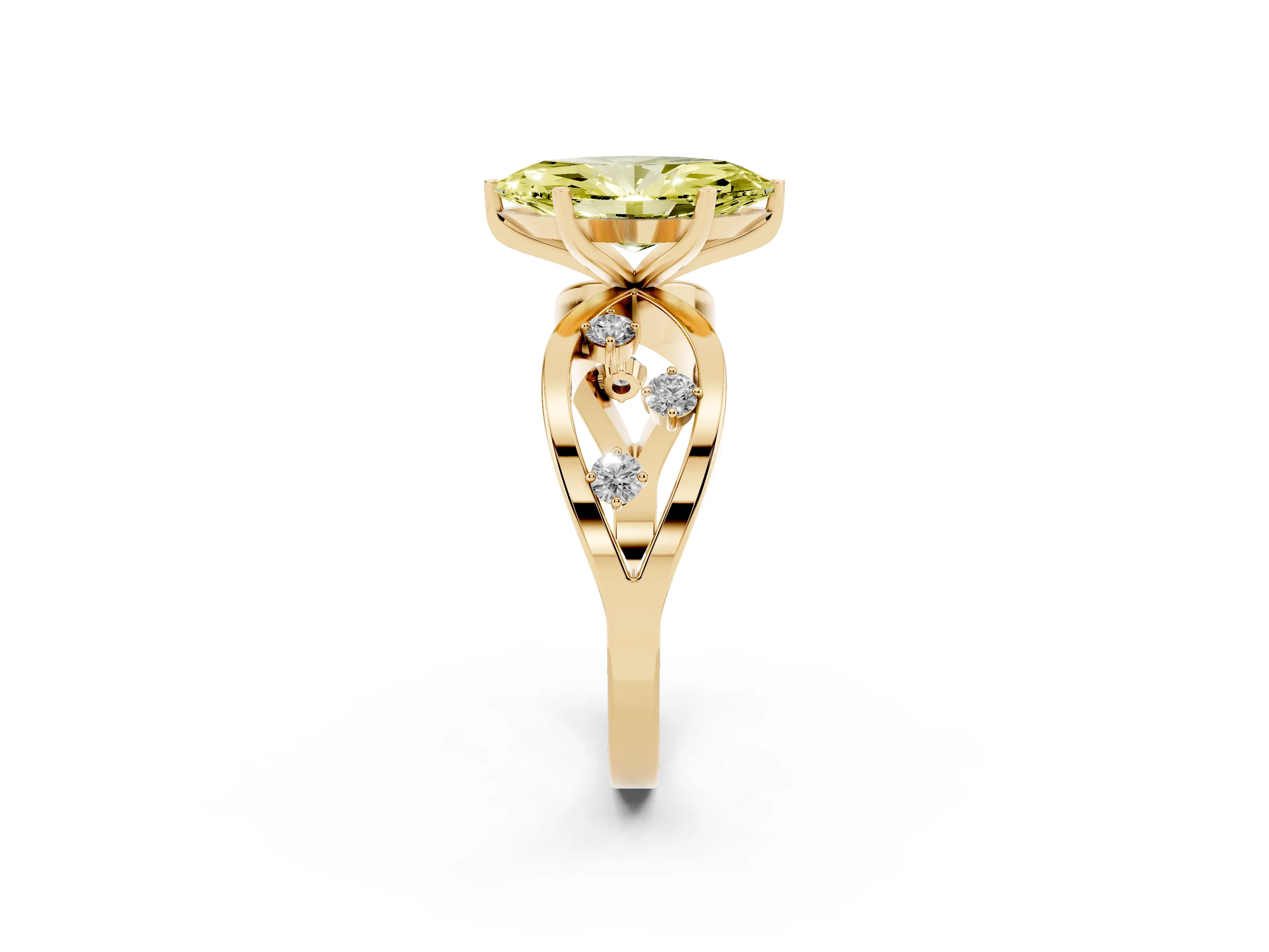 Fancy Yellow Marquise Cut Diamond Solitaire Ring Set in Yellow gold with Side Stones on Criss-Cross Band and Prong Setting