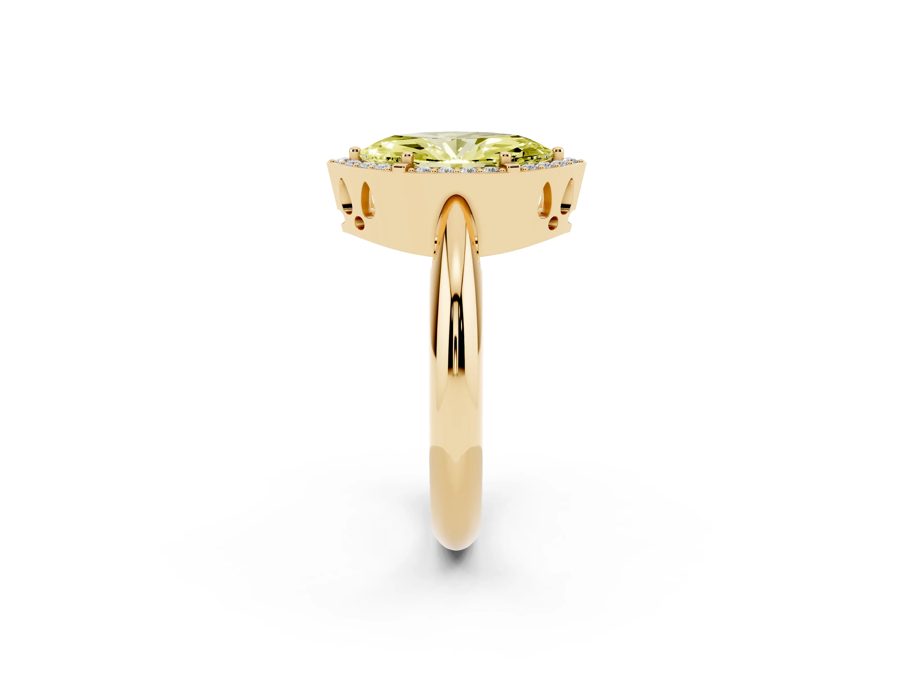 Fancy Yellow Marquise Cut Diamond Halo Engagement Ring Set in Yellow gold with Plain Split Shank and Prong Setting