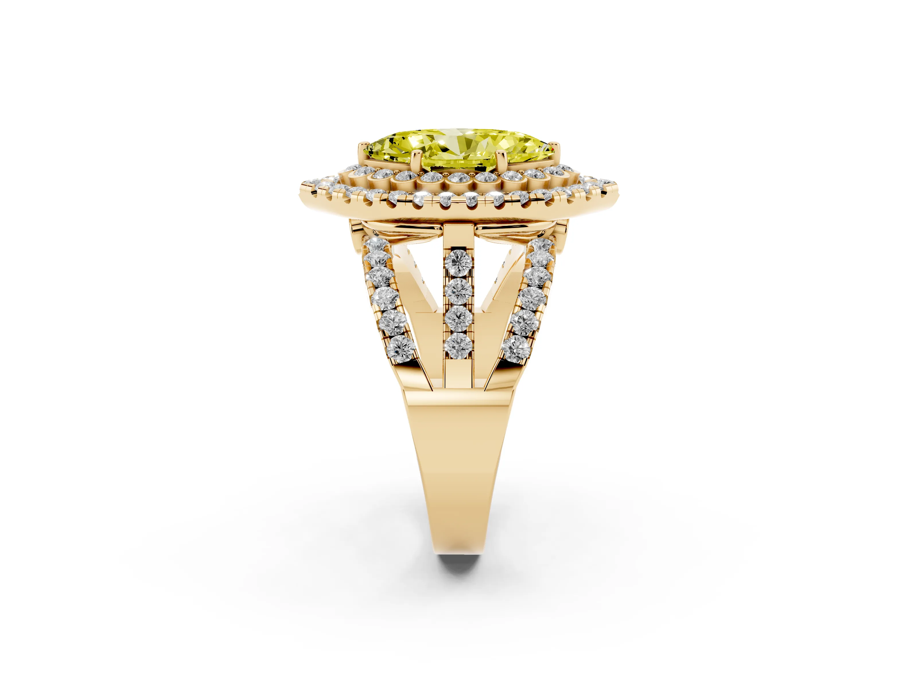 Fancy Yellow Marquise Cut Diamond Double Halo Ring Set in Yellow gold with Round Pavé Split Shank