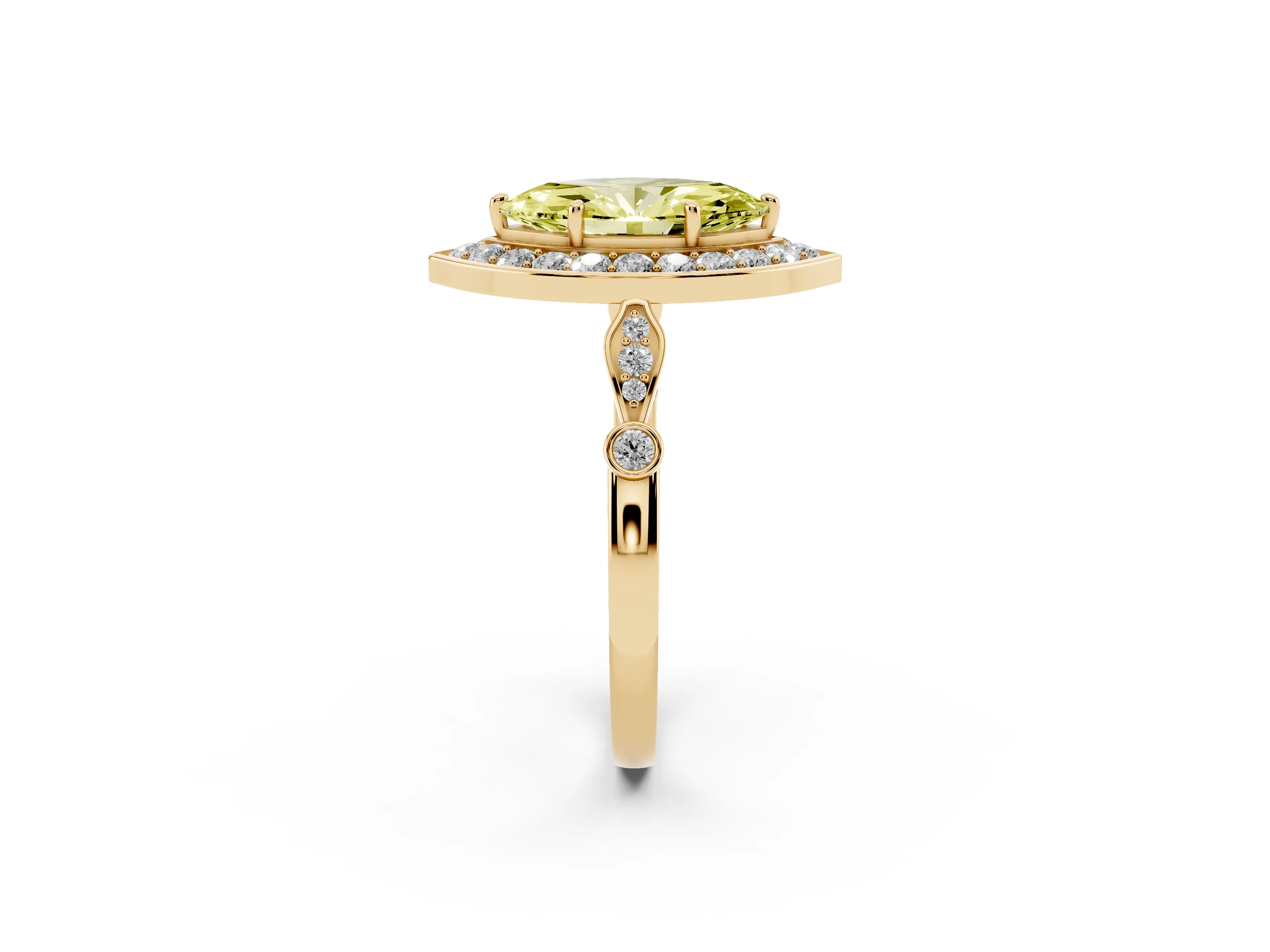 Fancy Yellow Marquise Cut Diamond Halo Engagement Ring Set in Yellow gold with Twisted Band and Prong Setting