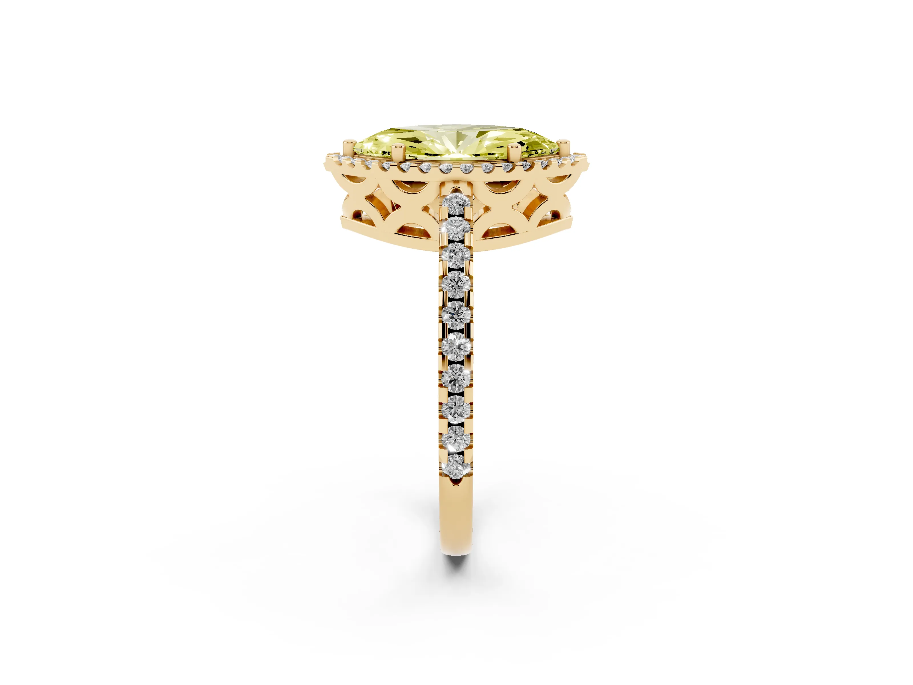 Fancy Yellow Marquise Cut Diamond Halo Ring Set in Yellow gold with Pavé Shoulders and Halo-Framed Center