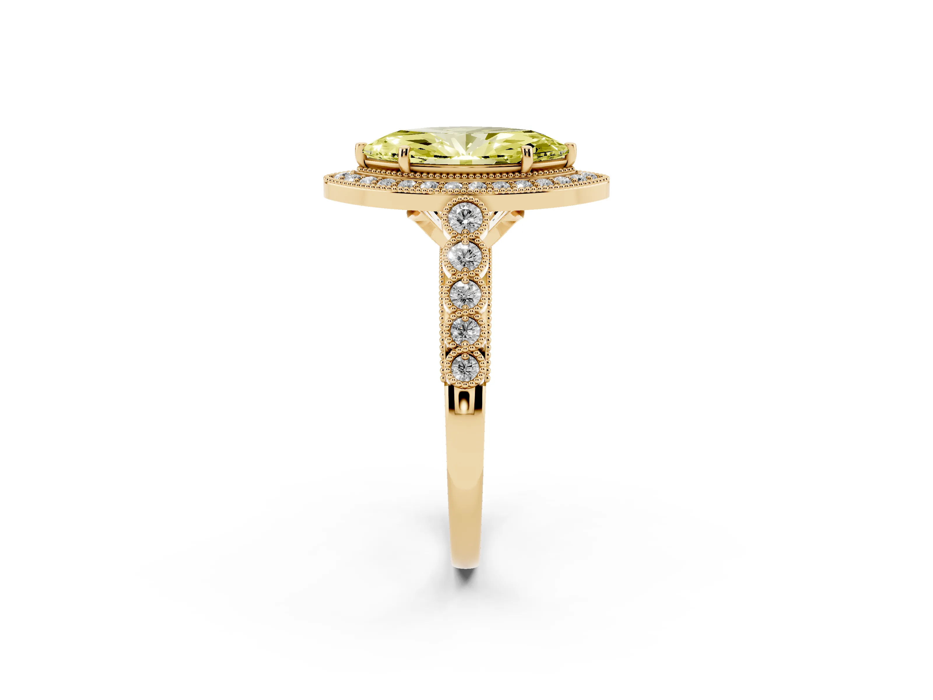 Fancy Yellow Marquise Cut Diamond Milgrain Halo Solitaire Ring Set in Yellow gold with Bezel Set Side Stones and Pavé Band