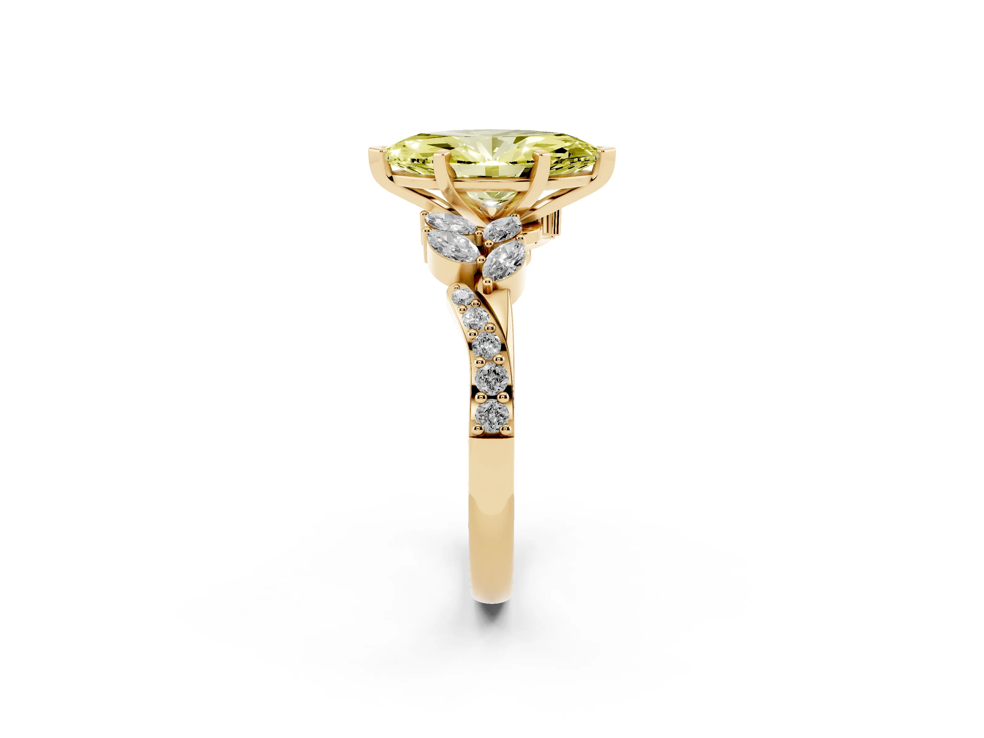 Fancy Yellow Marquise Cut Diamond Solitaire Ring Set in Yellow gold with Marquise Twist Band and Prong Setting