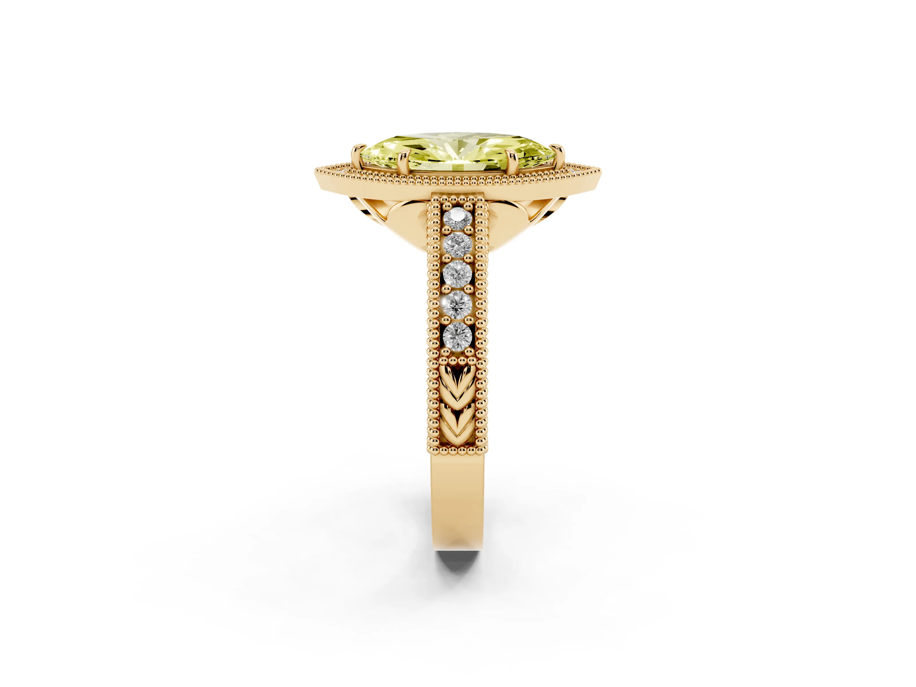 Fancy Yellow Marquise Cut Diamond Halo Ring Set in Yellow gold with Round Accent Halo, Pavé Band and Prong Setting