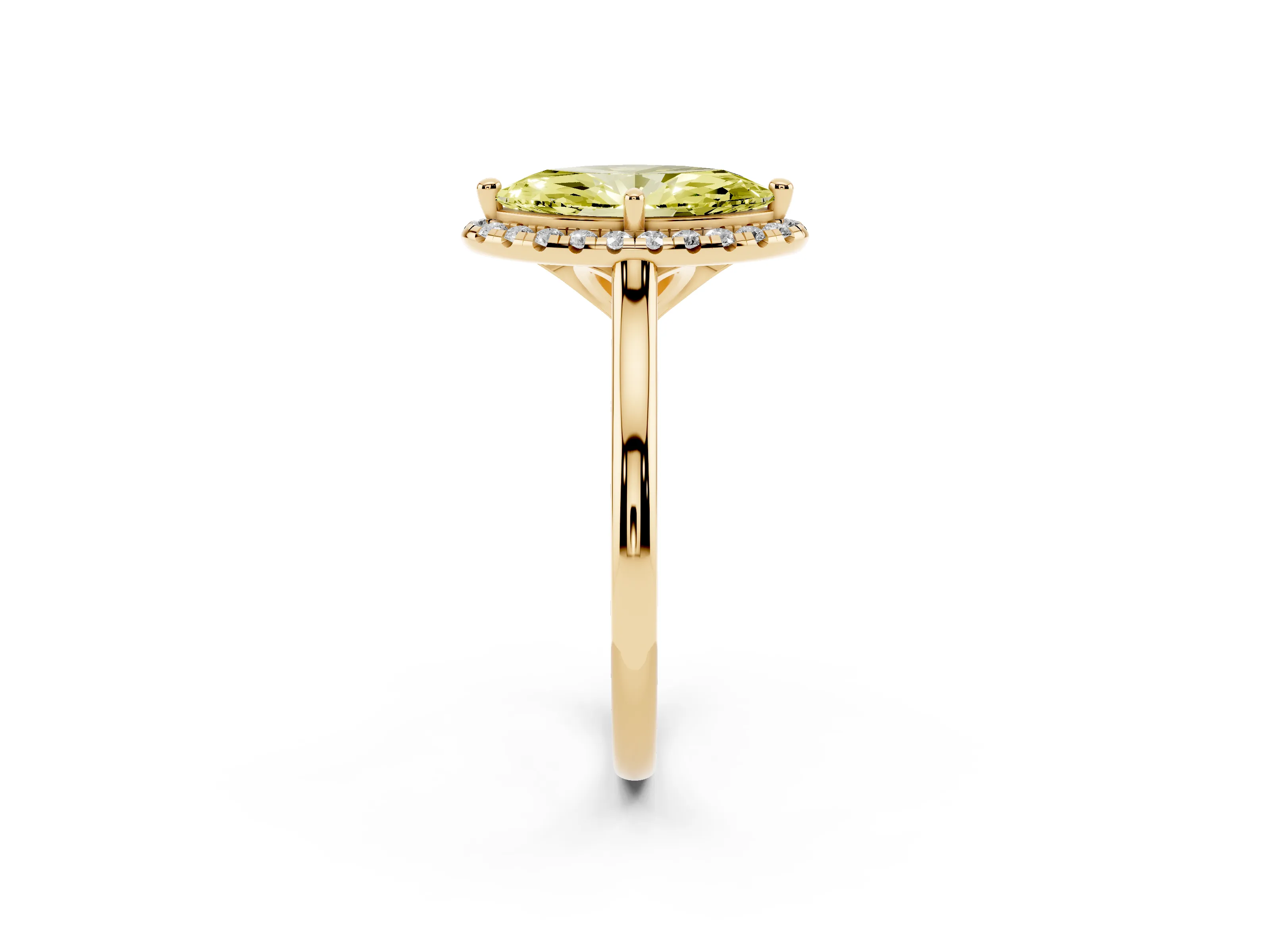 Fancy Yellow Marquise Cut Diamond Halo Engagement Ring Set in Yellow gold with Pavé Band and Rising Shoulders