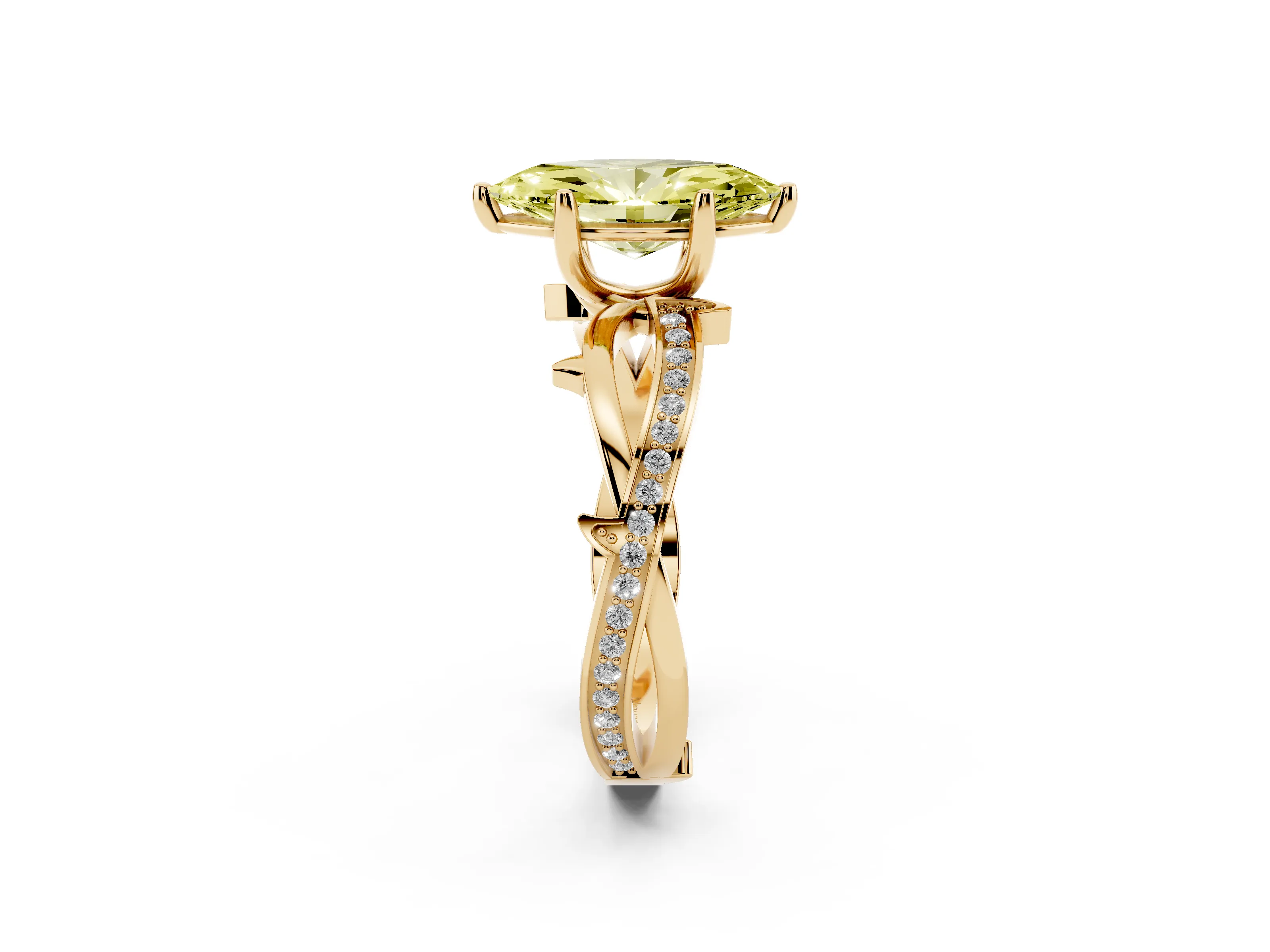 Fancy Yellow Marquise Cut Diamond Pavé Twist Band Solitaire Ring Set in Yellow gold with Prong Setting