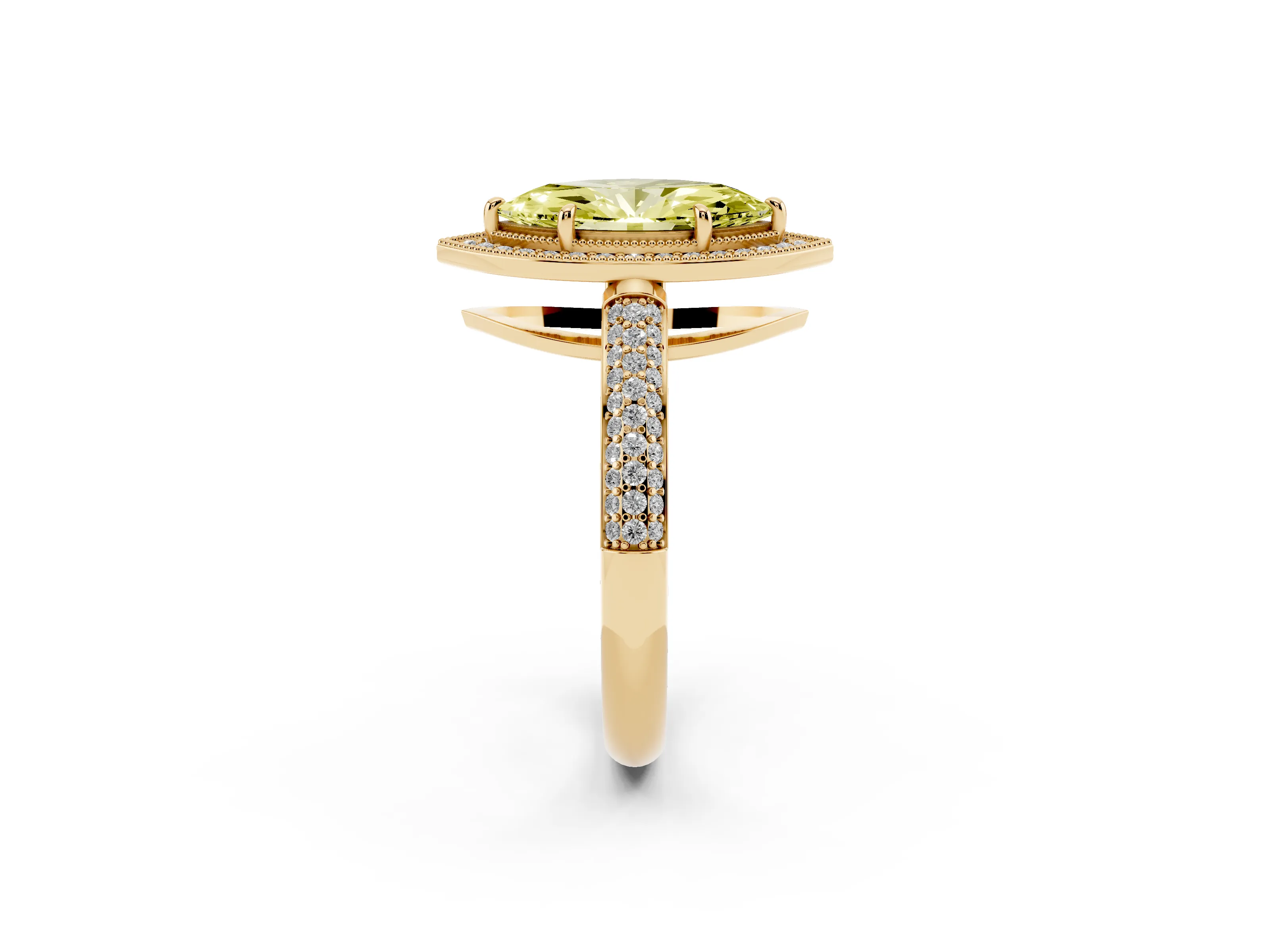 Fancy Yellow Marquise Cut Diamond Halo Pavé Band Set in Yellow gold with Prong Setting