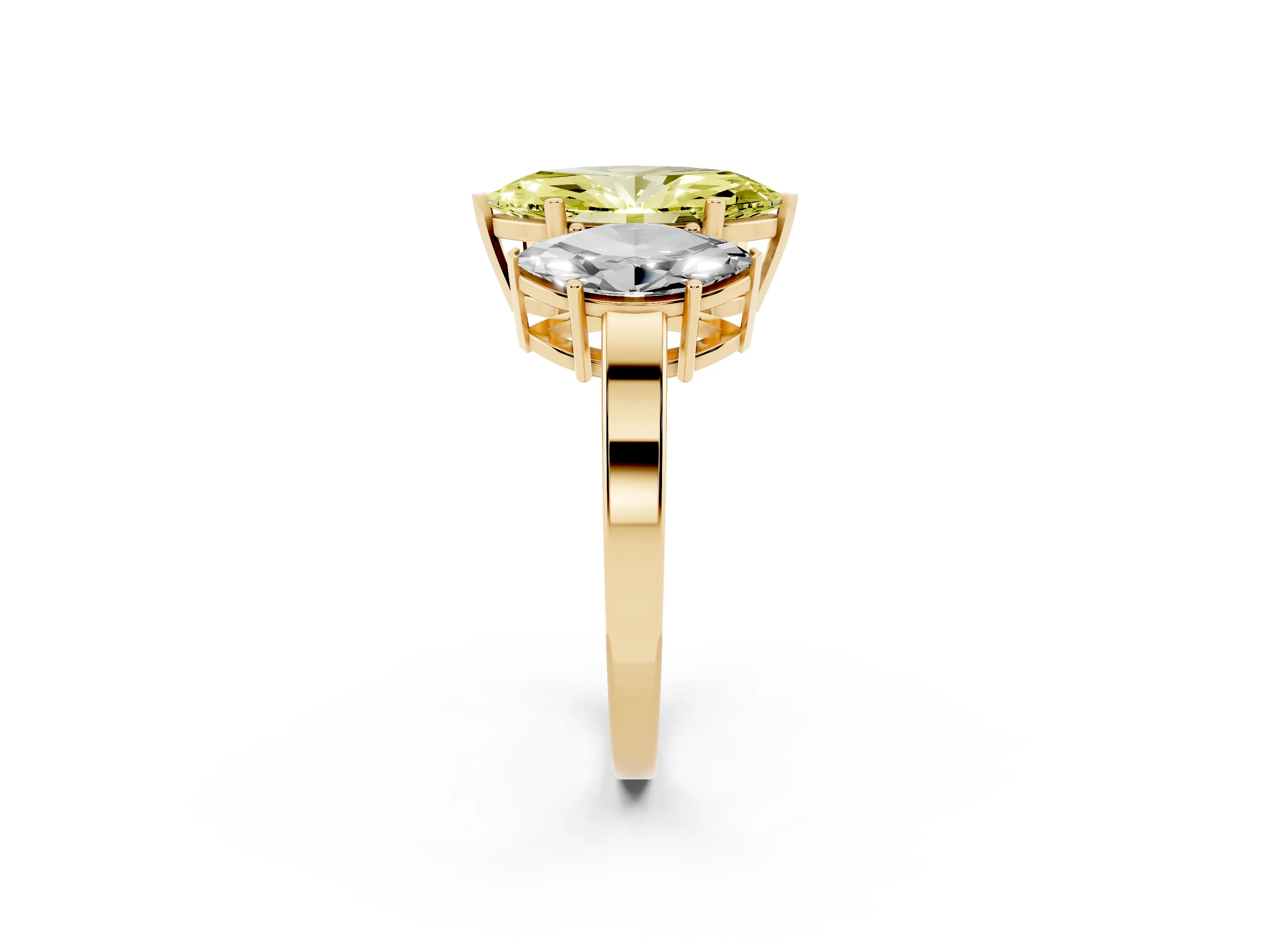 Fancy Yellow Marquise Cut Diamond Three-Stone Engagement Ring Set in Yellow gold with Flat Band