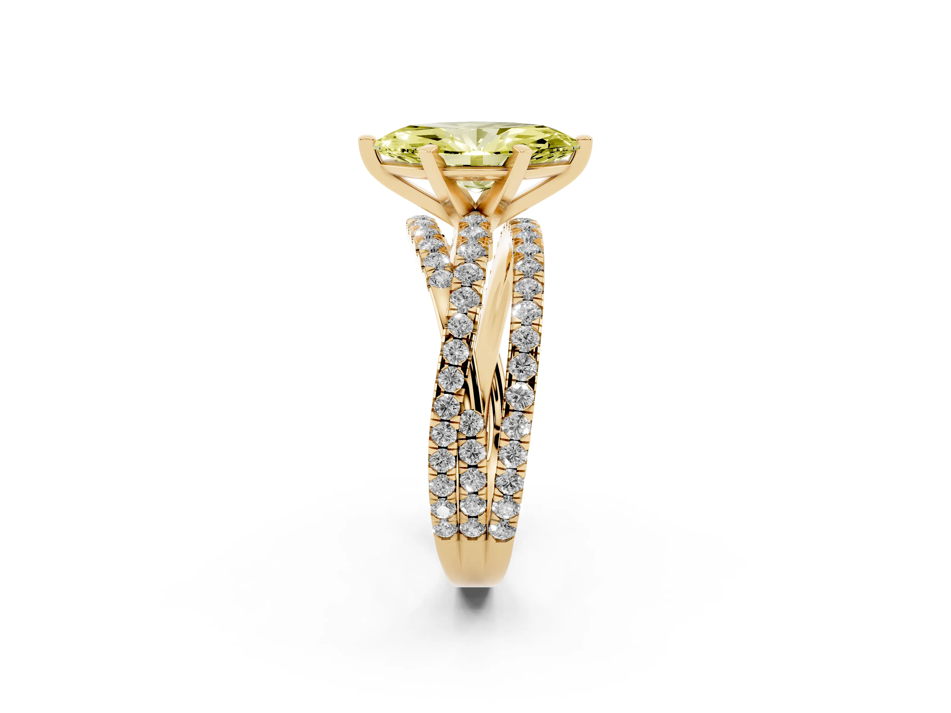 Fancy Yellow Marquise Cut Diamond Solitaire Twist Band Ring Set in Yellow gold with Pavé Setting and Prong Head