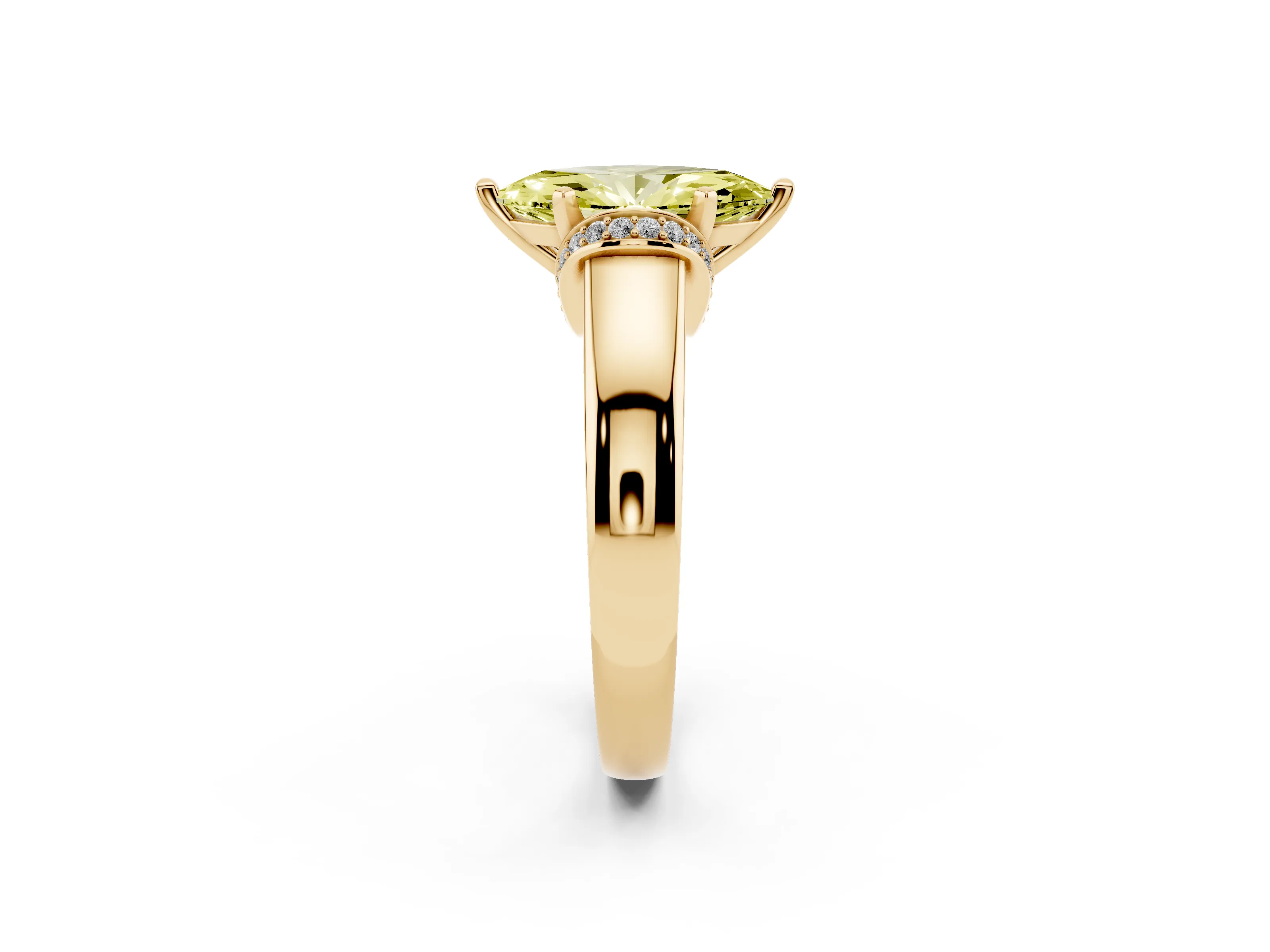 Fancy Yellow Marquise Cut Diamond Pavé Band Solitaire Ring Set in Yellow gold with Prong Setting