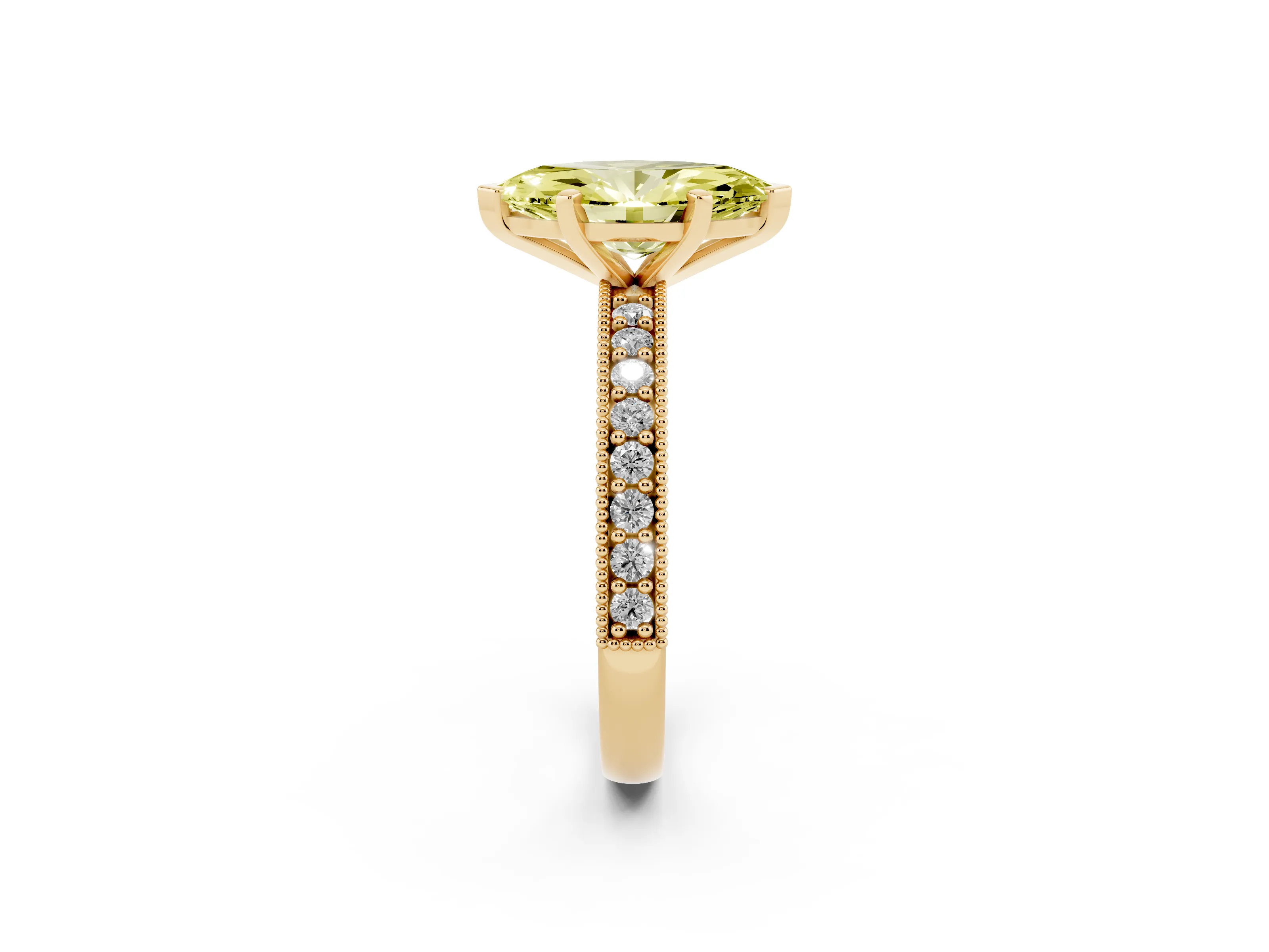 Fancy Yellow Marquise Cut Diamond Milgrain Pavé Engagement Ring Set in Yellow gold with Prong Setting