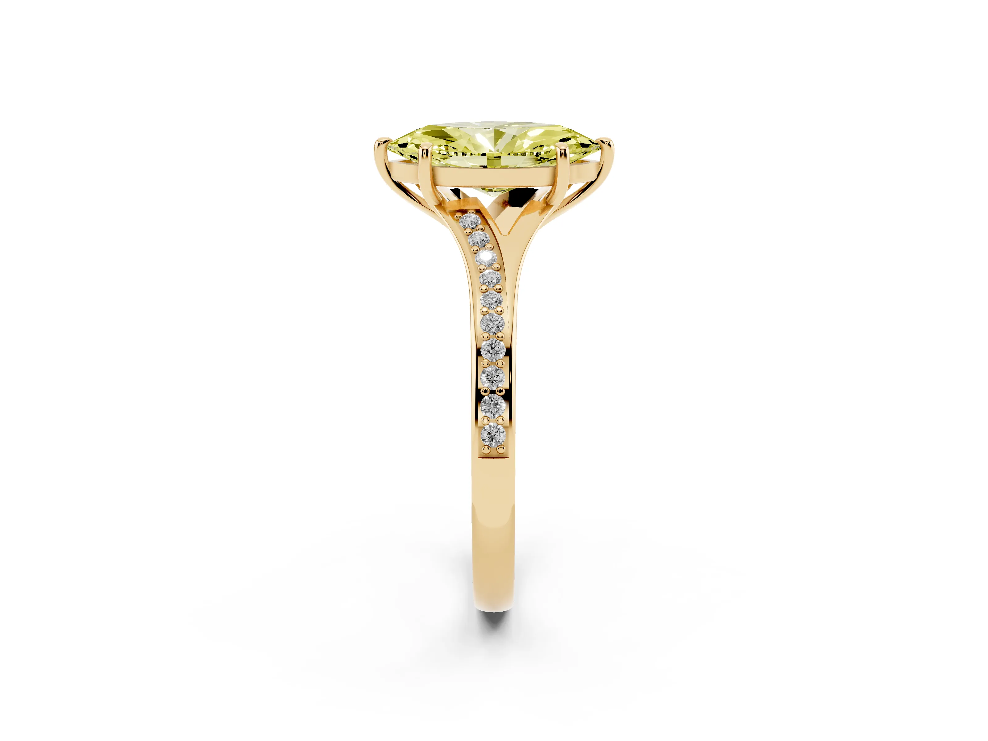 Fancy Yellow Marquise Cut Diamond Solitaire Ring Set in Yellow gold with Pavé Accent Band and Classic Prong Setting