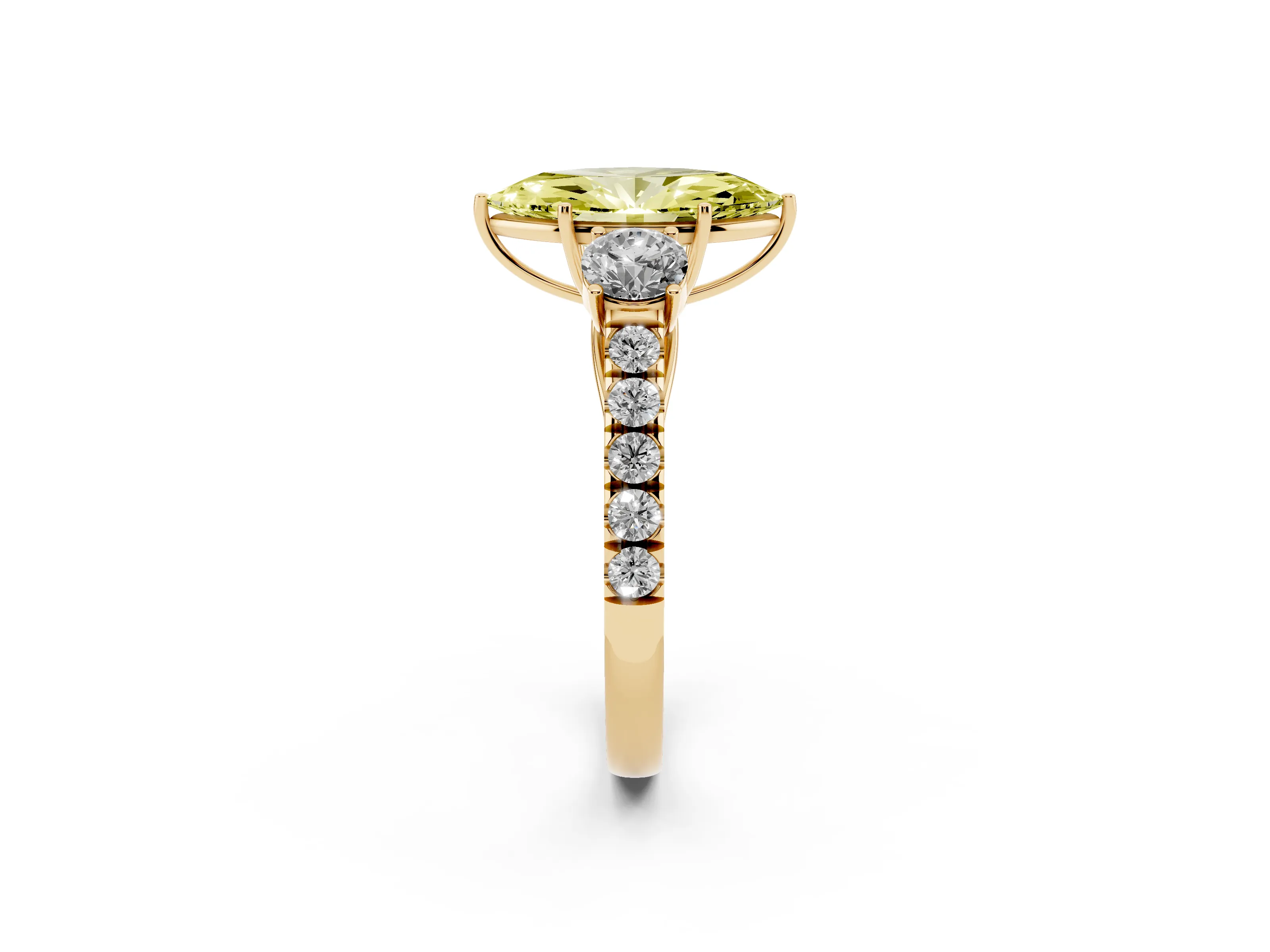 Fancy Yellow Marquise Cut Diamond Three-Stone Ring Set in Yellow gold with Round Side Stones and Delicate Pavé Band