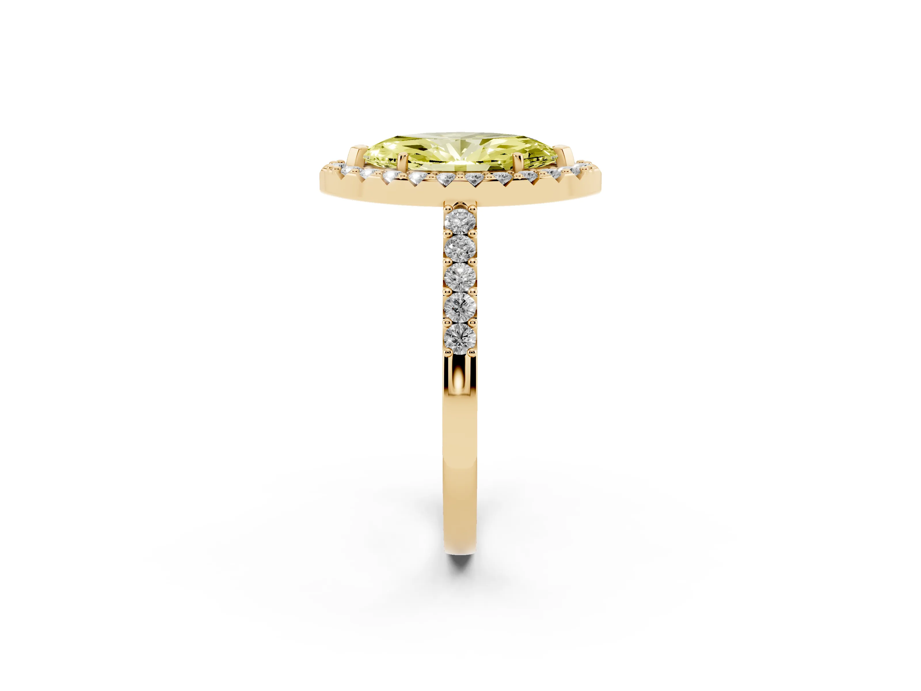 Fancy Yellow Marquise Cut Diamond Halo Pavé Solitaire Ring Set in Yellow gold with Prong-Set Center Stone