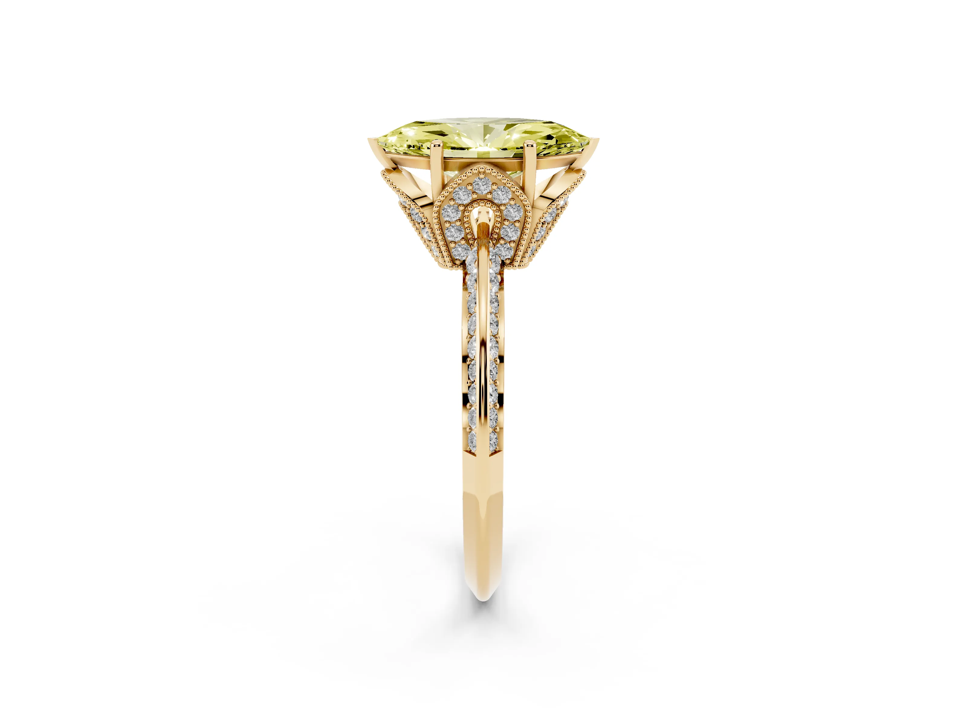 Fancy Yellow Marquise Cut Diamond Solitaire Engagement Ring Set in Yellow gold with Pavé Split Shank and Prong Setting